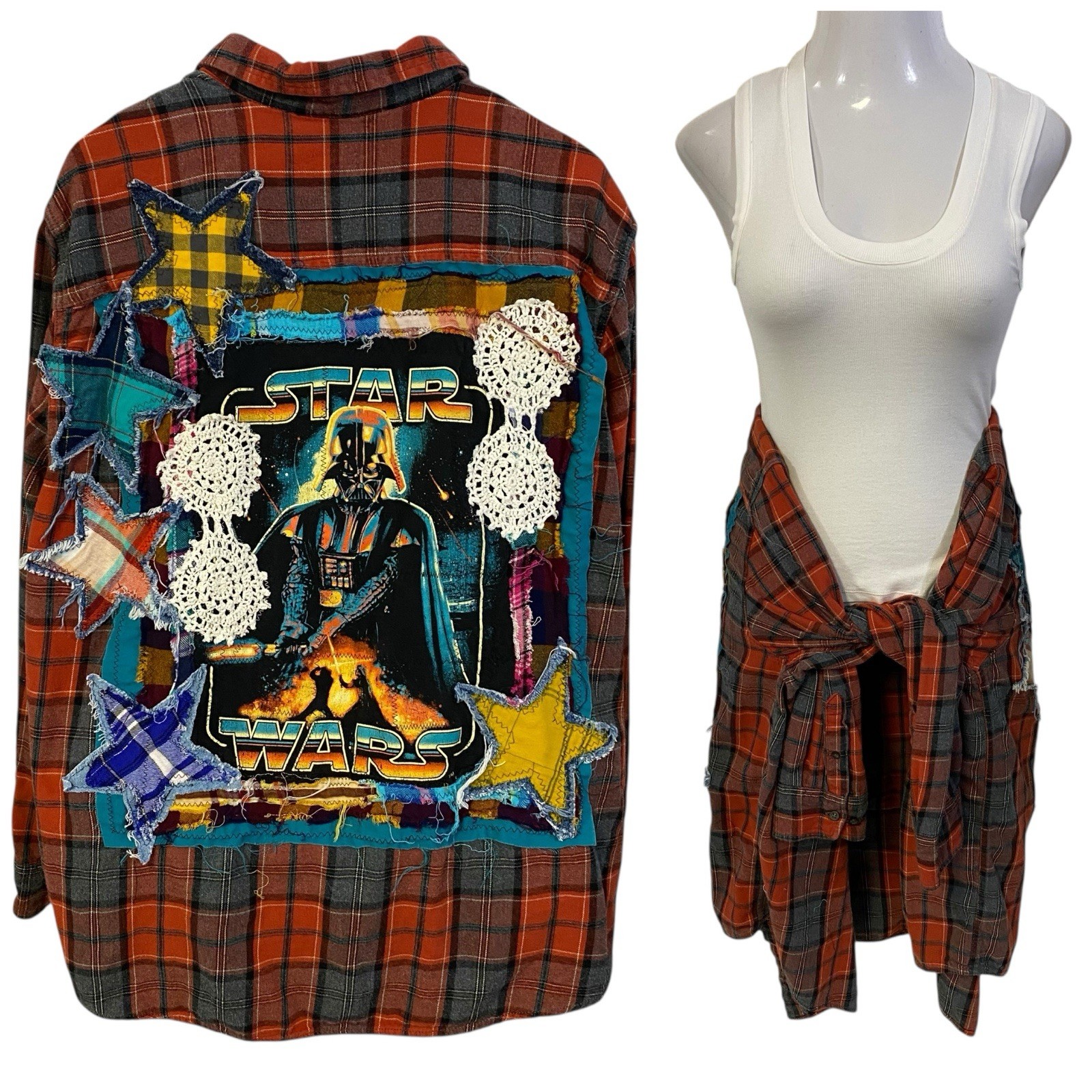 Upcycled Flannel Shirt Shacket Womens 3X Star Wars Patchwork Festival Folk Art