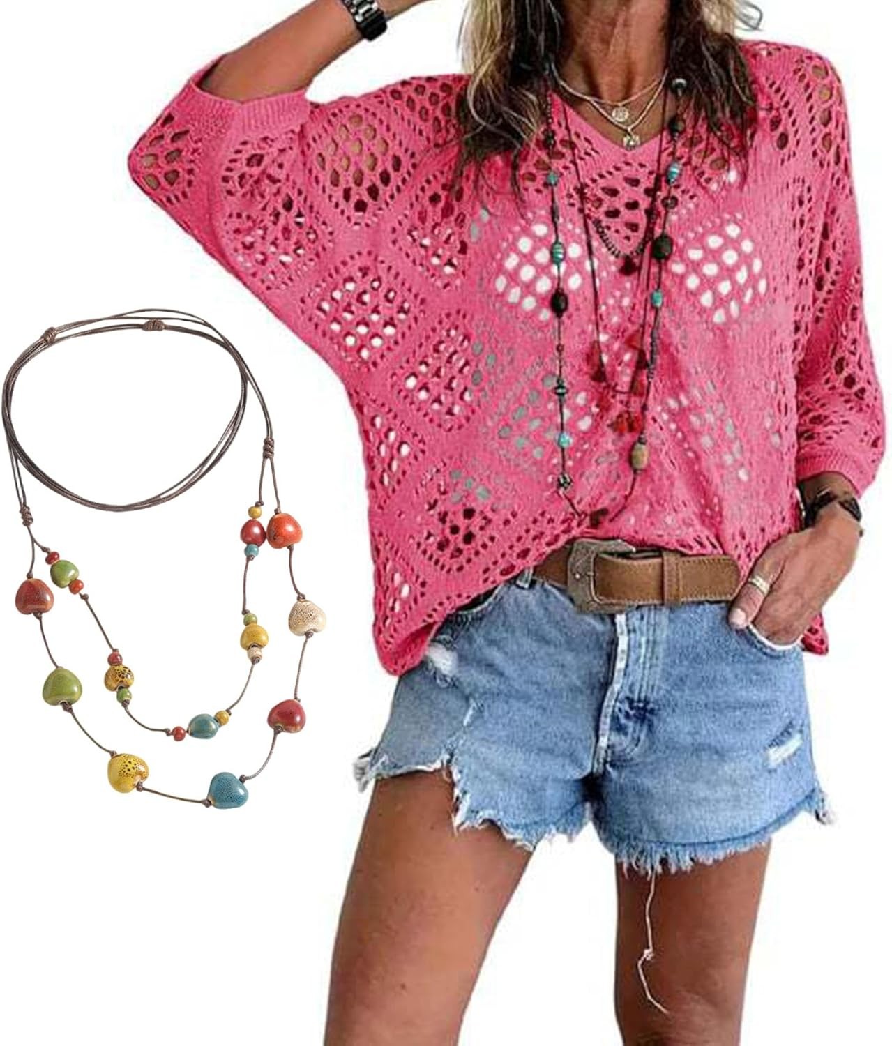 Women’s Bohemian-Inspired Beige Crochet Top with V-Neck