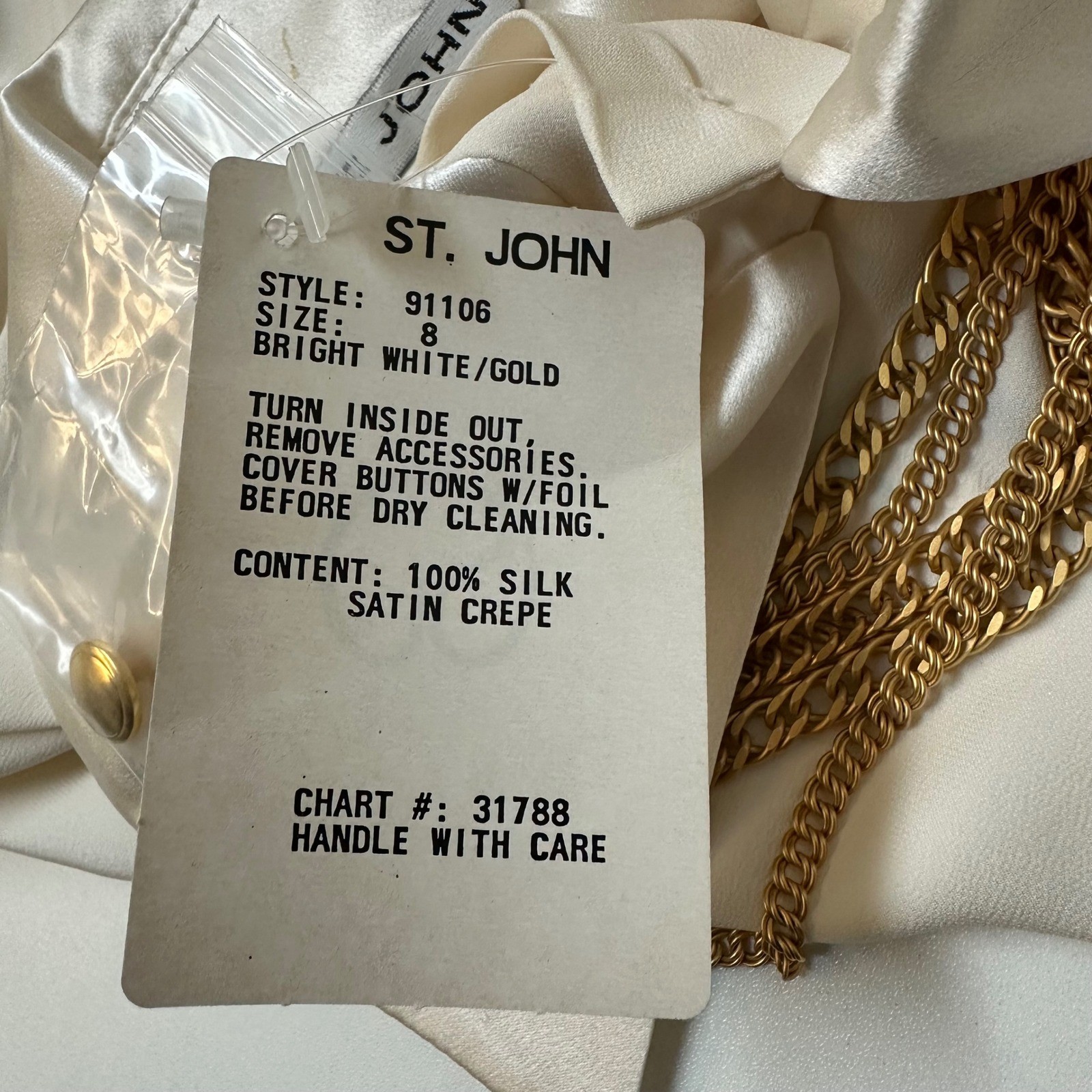 Vintage St John Silk Satin Crepe Blouse Gold Chain Detail Size 8 NEW *FLAW