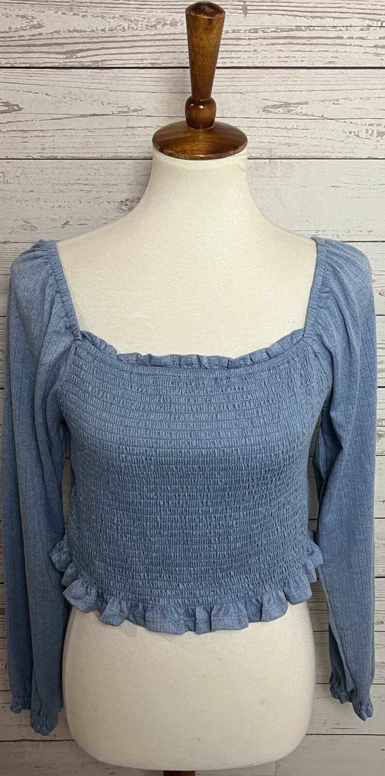 SO Crop Top Peasant Boho Solid Blue Long Sleeve Size L