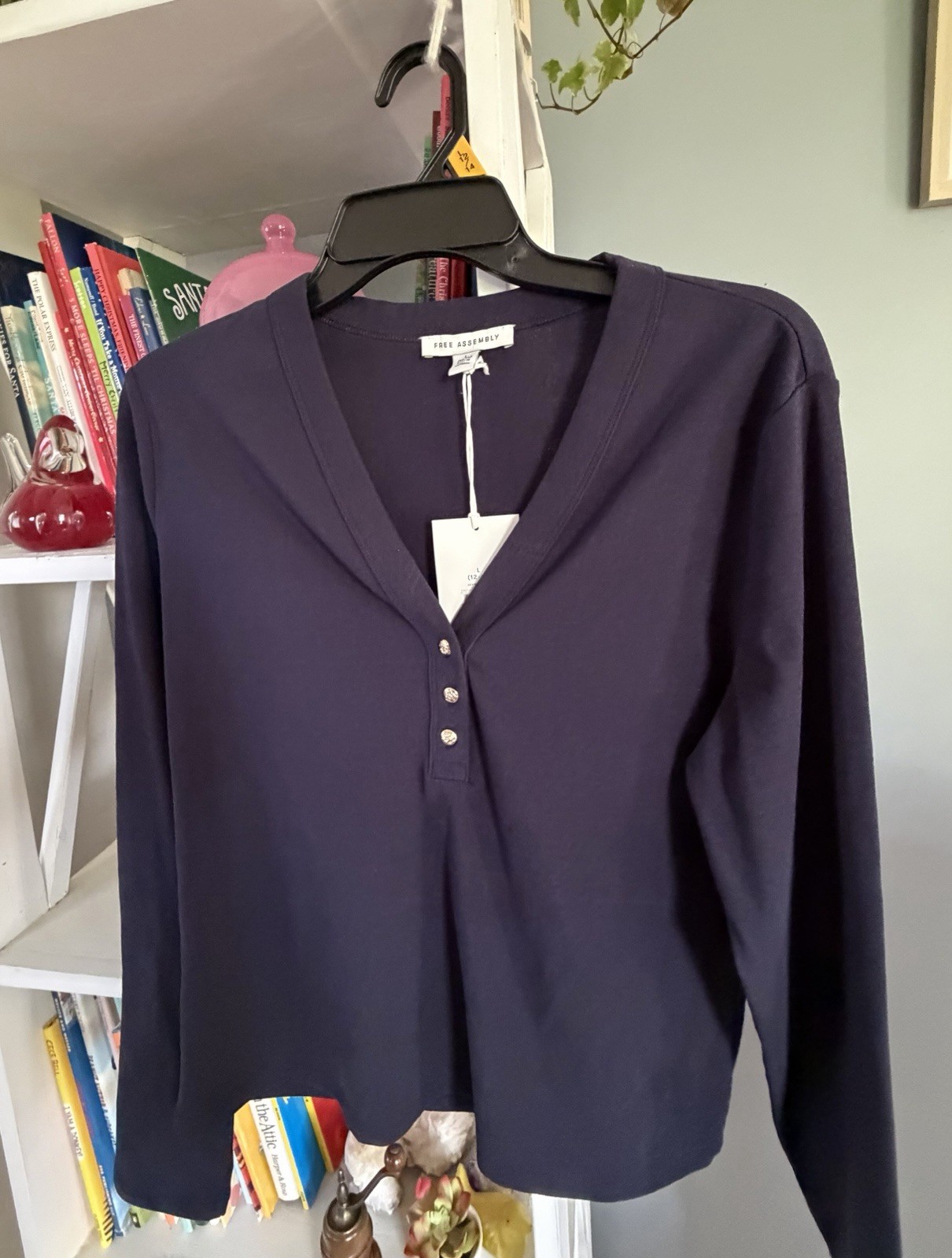 NWT Free Assembly Top Classic Designer Americana Navy Gold Buttons L 12-14