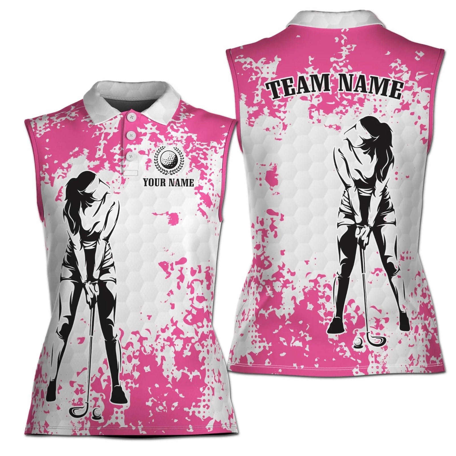 Custom Name Golf Polo Shirt Women Pink White Lady Golfer Sleeveless Top