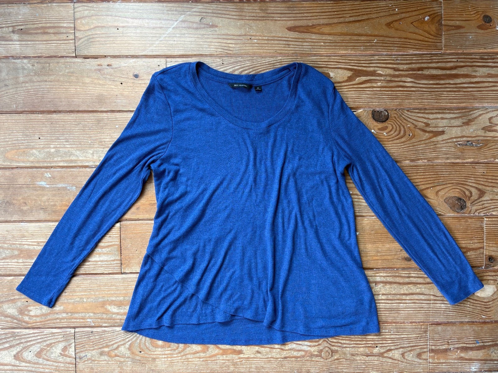 H by Halston Navy Blue Ribbed Long Sleeve Knit Top Medium Scoop Neck