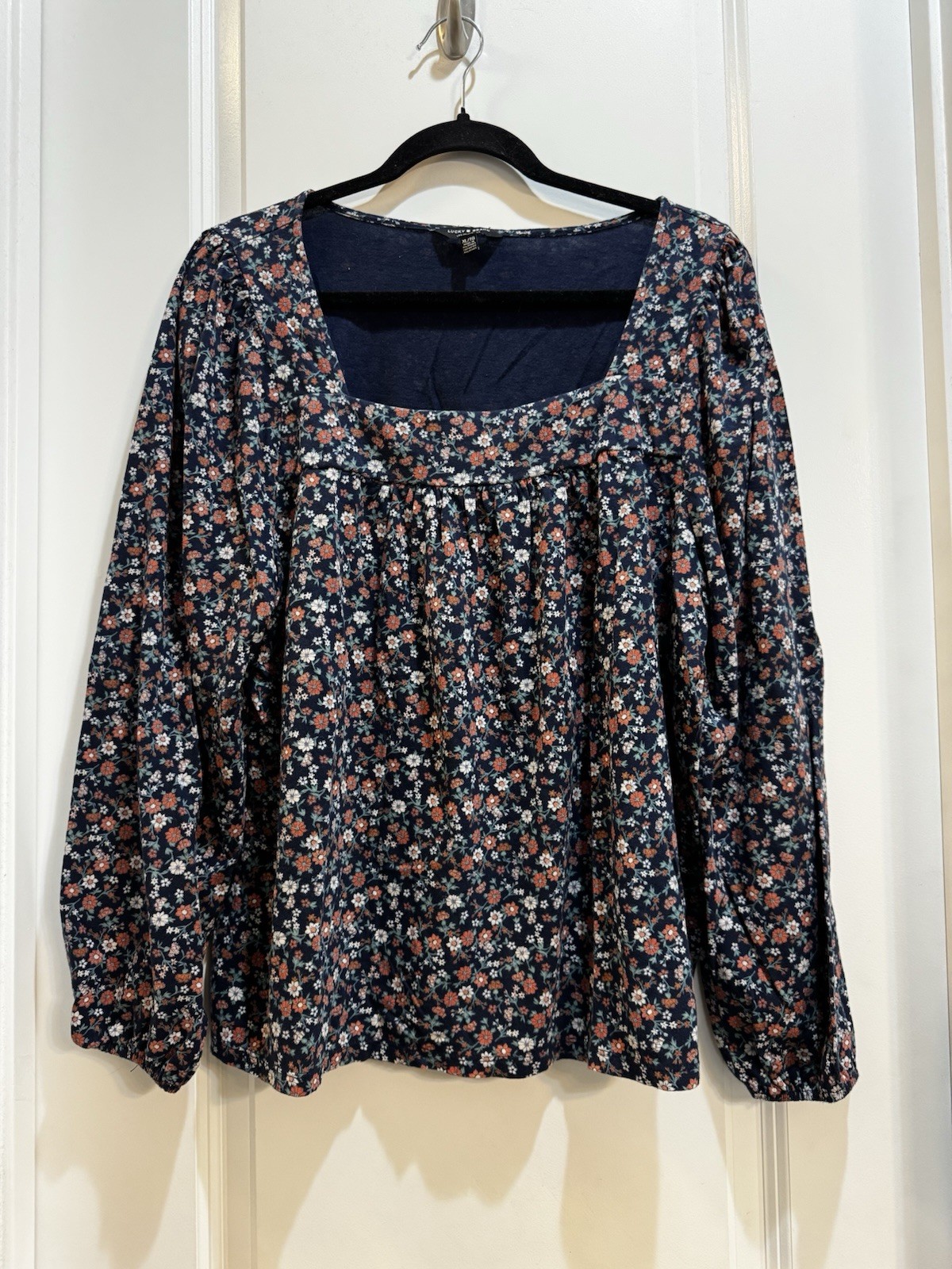 Lucky Brand Blue Floral Square Neck Top XL Long Sleeve Armpit To Armpit 23”