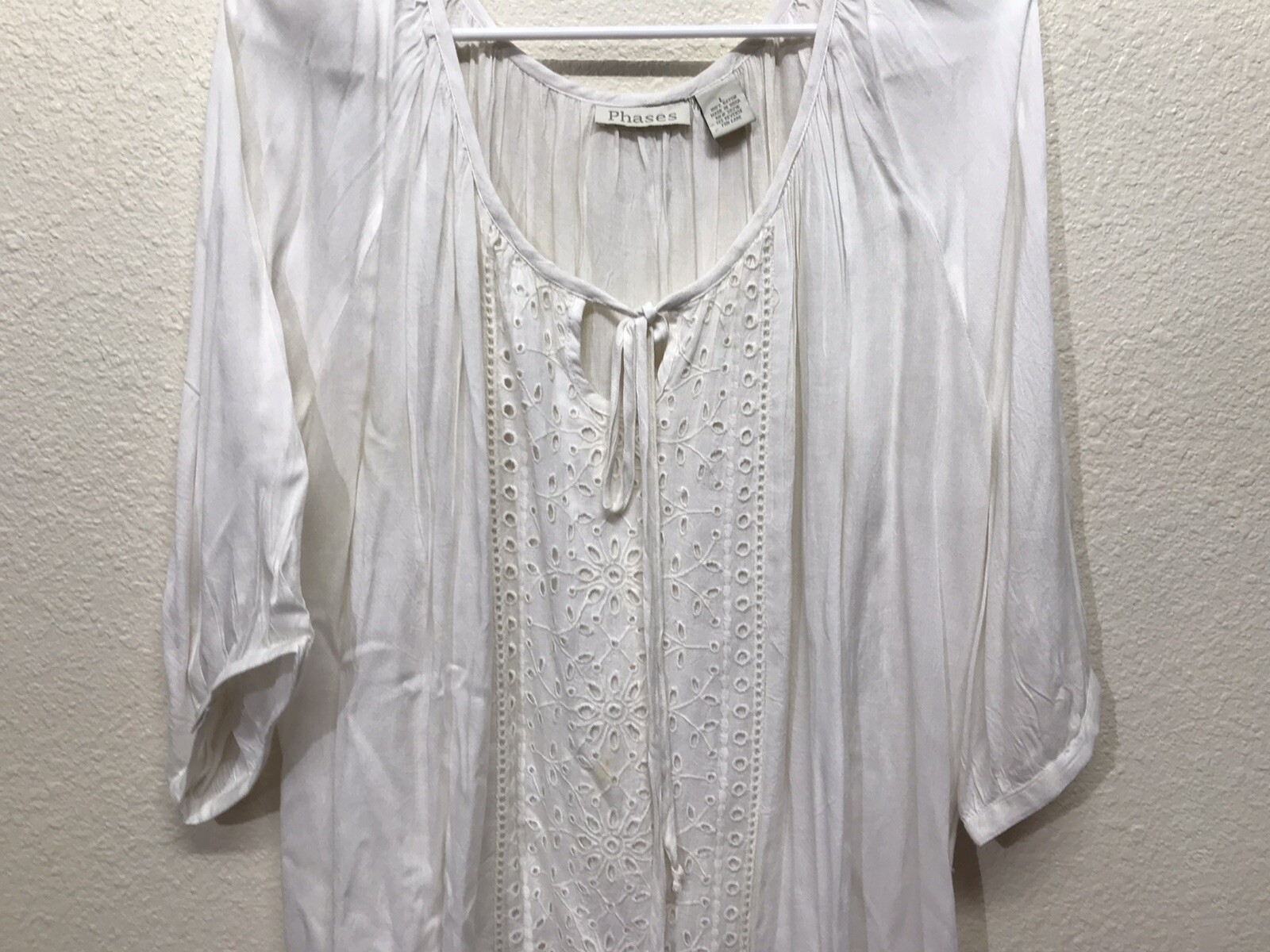 Phases 100% Rayon Pullover White Shirt with Tie at Neck Sz Large