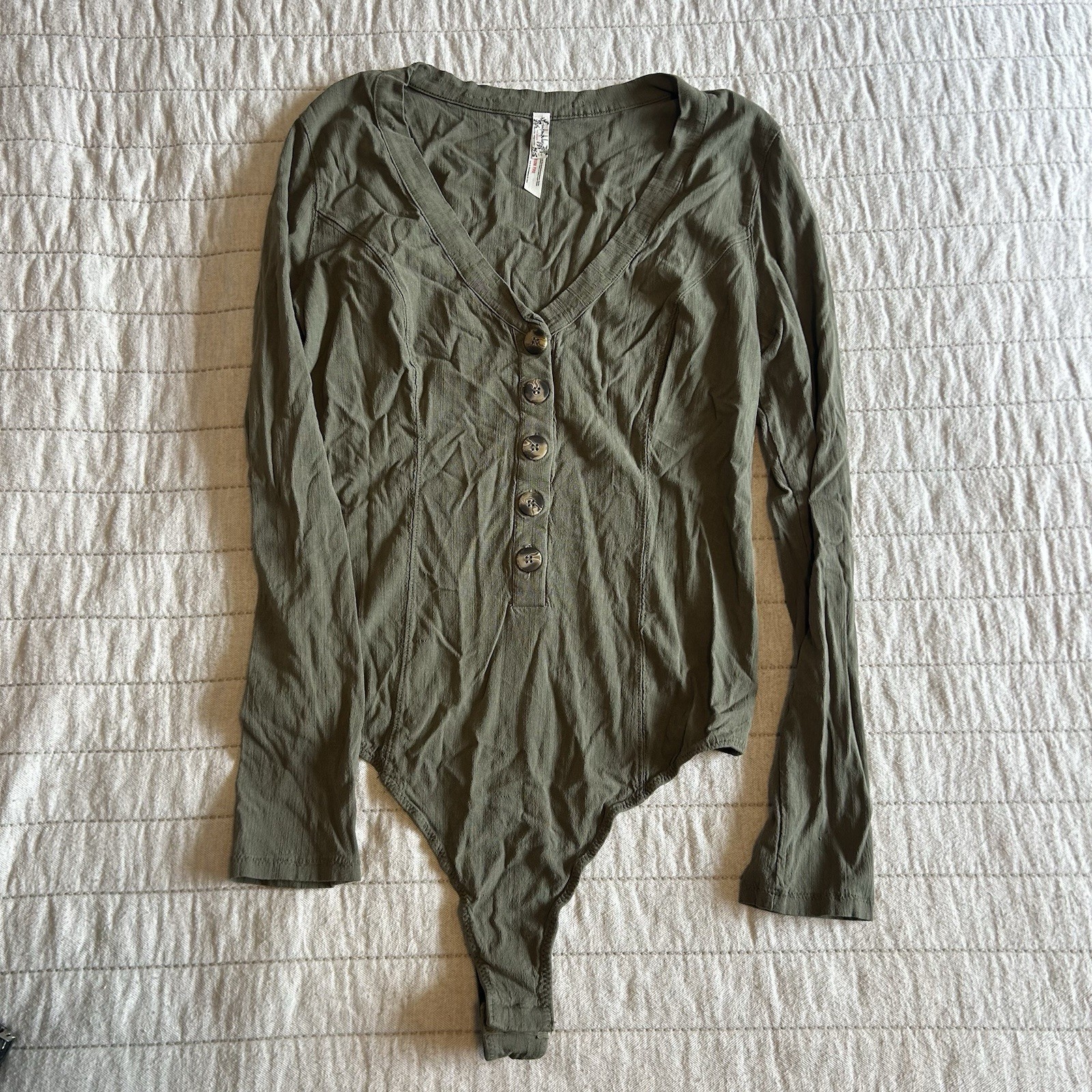 Free People Intimately Henley Style Body Suit Blouse Olive Hunter Green Size M