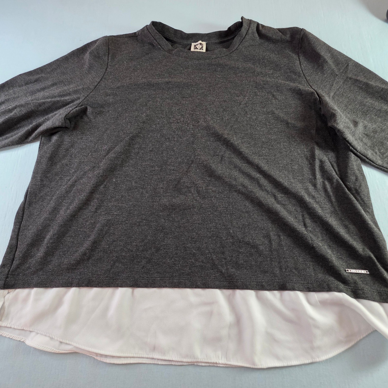 Anne Klein Womens Mixed Media Layered Look Knit Top Charcoal Gray White Large