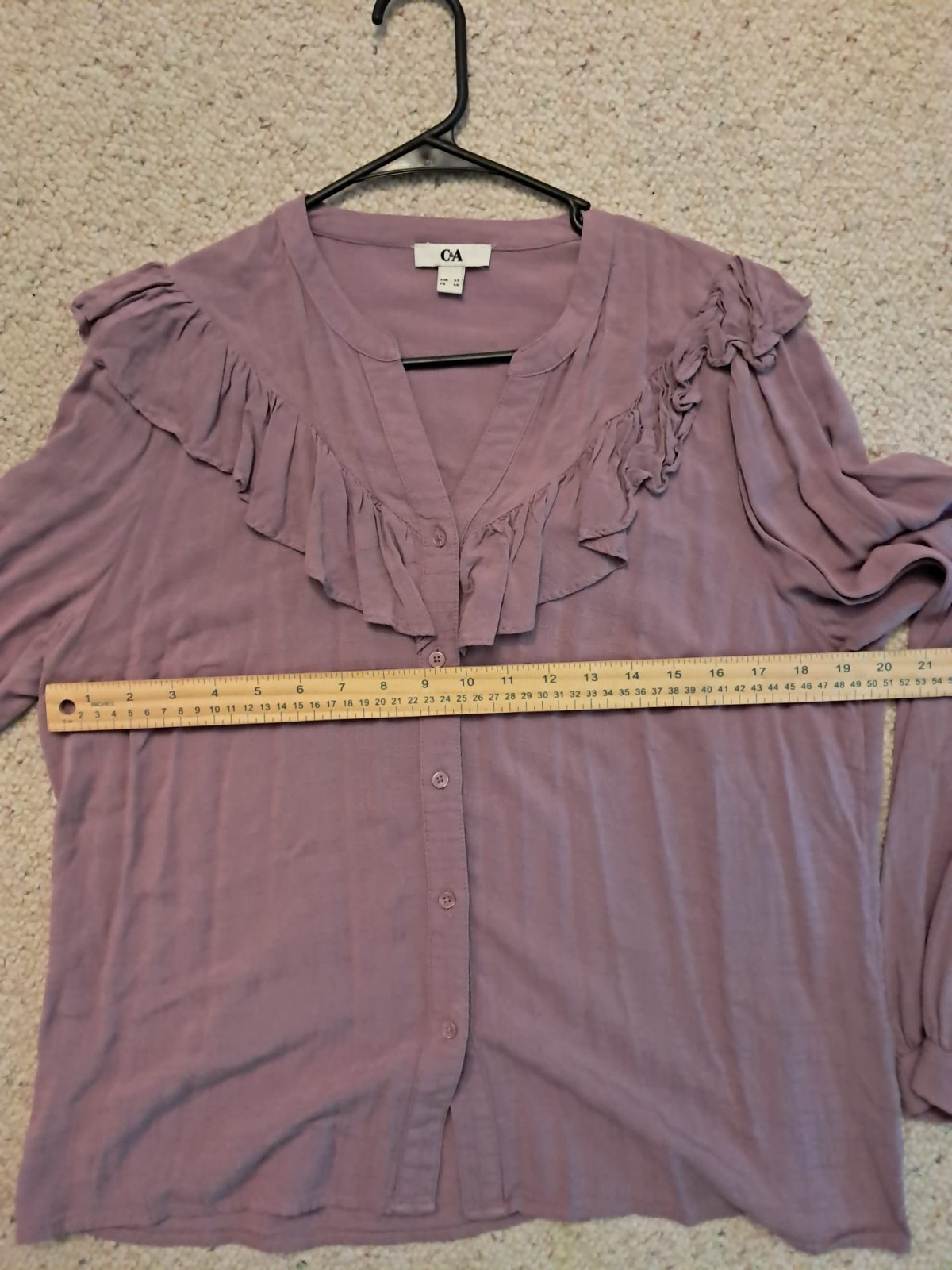 C&A Dusty Pink Mauve Ruffle Button Front Viscose Long Sleeve Blouse Top Sz 12 /