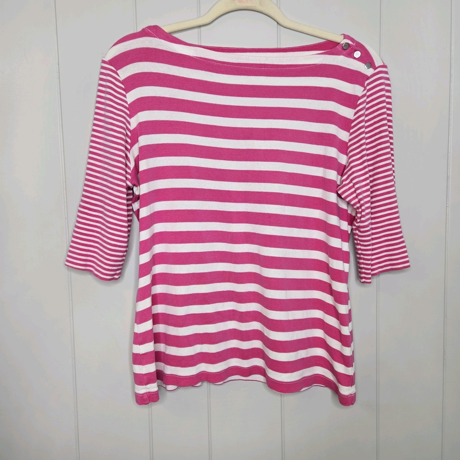 Christopher & Banks Women’s Top M Pink/White Stripes 3/4 Sleeves Boat Neck A8