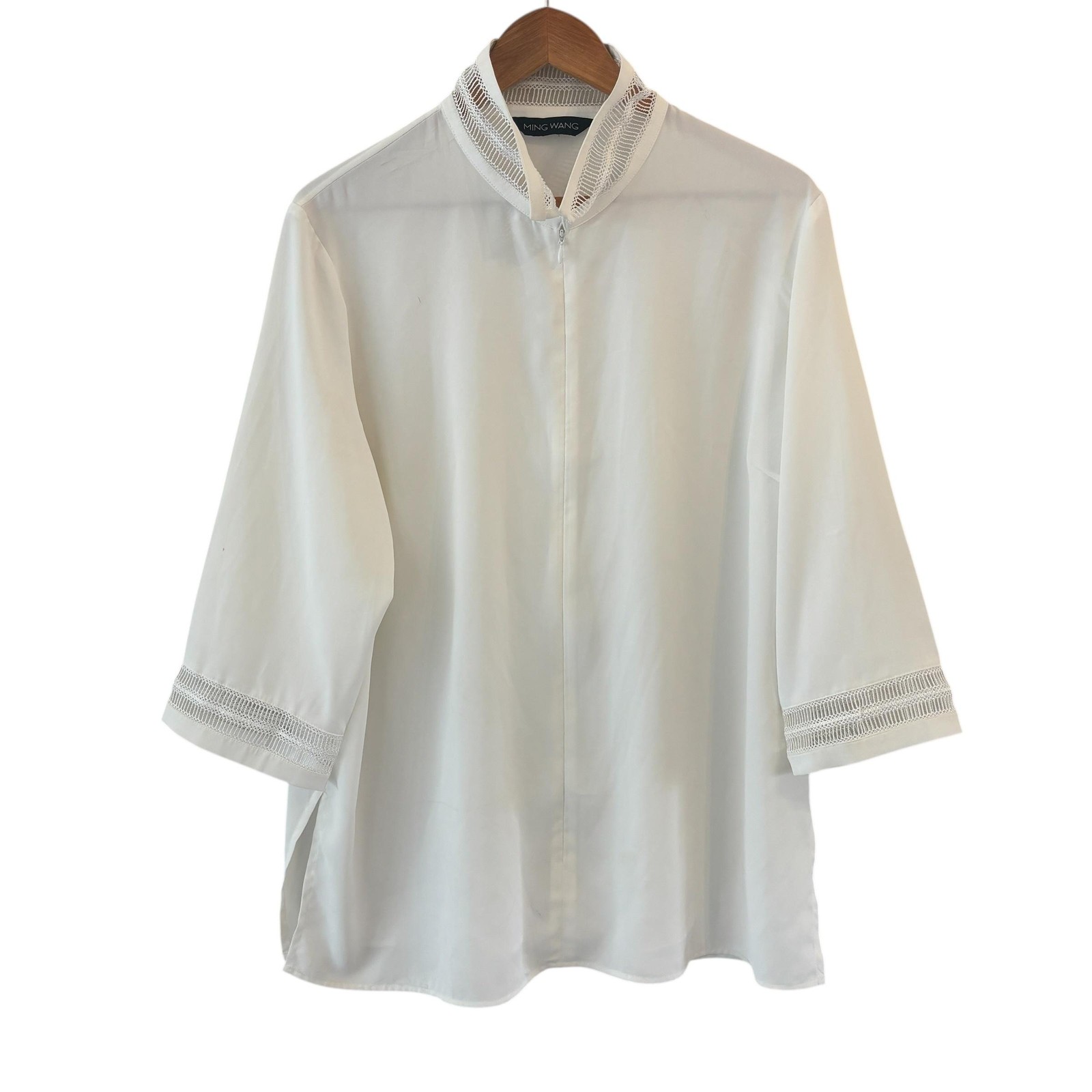 Ming Wang Sheer Zip Front Tunic Top Womens L White Crochet Lace Trim 3/4 Sleeve