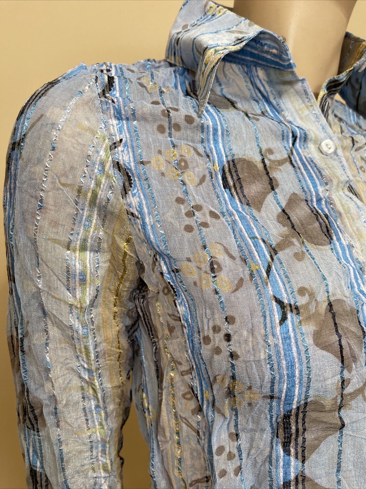 Women’s Light Blue Floral Polyester Casual Strip Pleat Size S Button Blouse Top