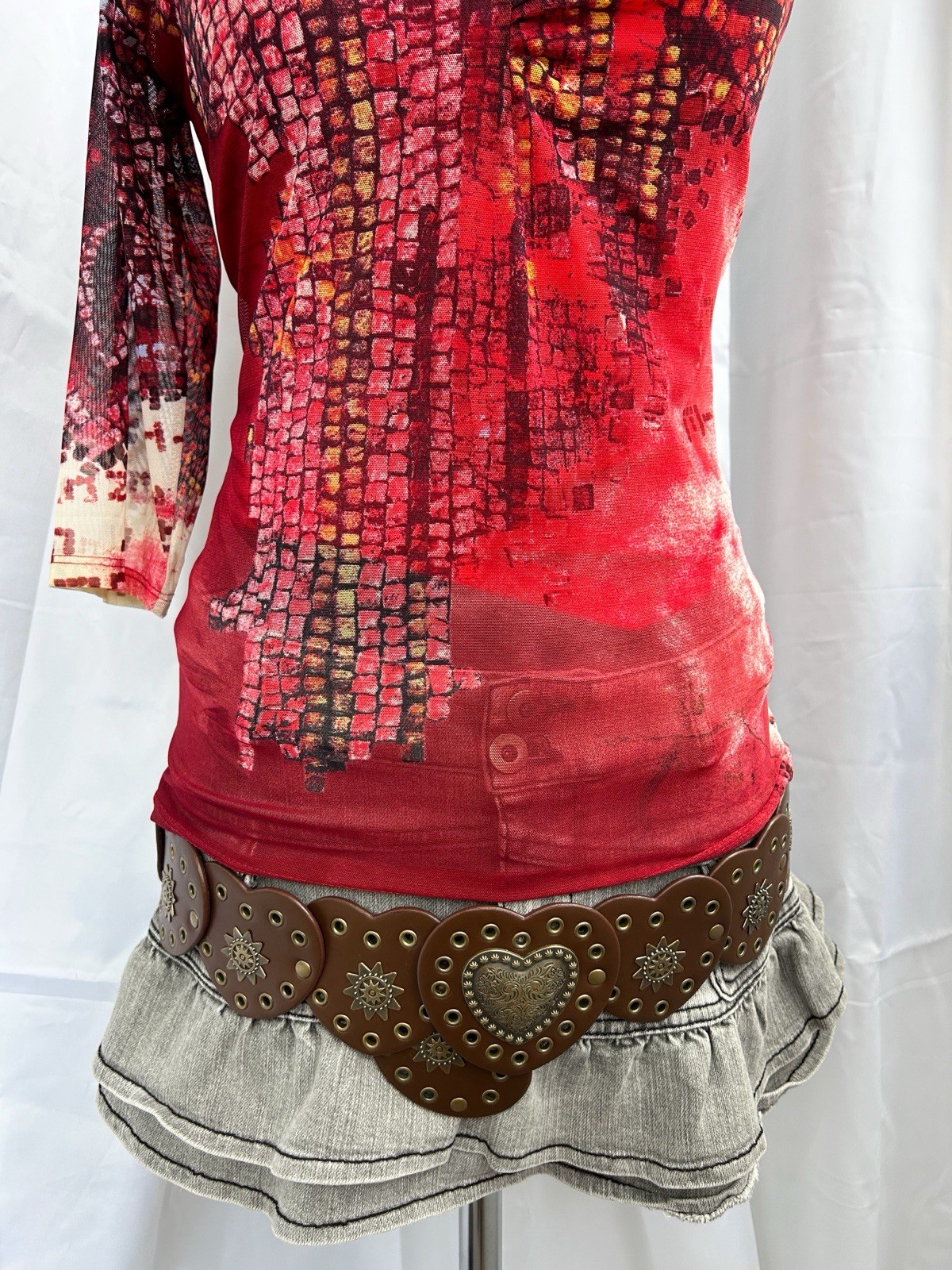 Vintage Y2K Graphic Prink Italian Mesh Top , Leggare Jeans , 00s