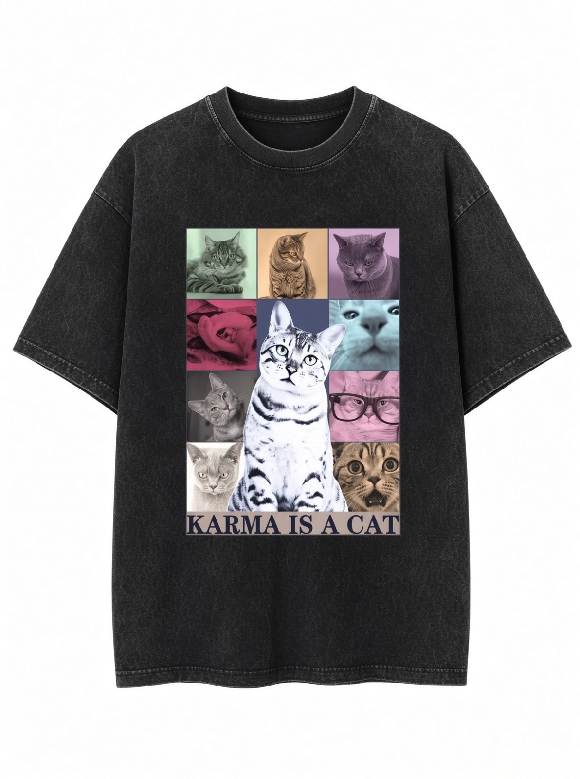 Karma Is A Cat Funny Cat Collage Acid Wash T-Shirt