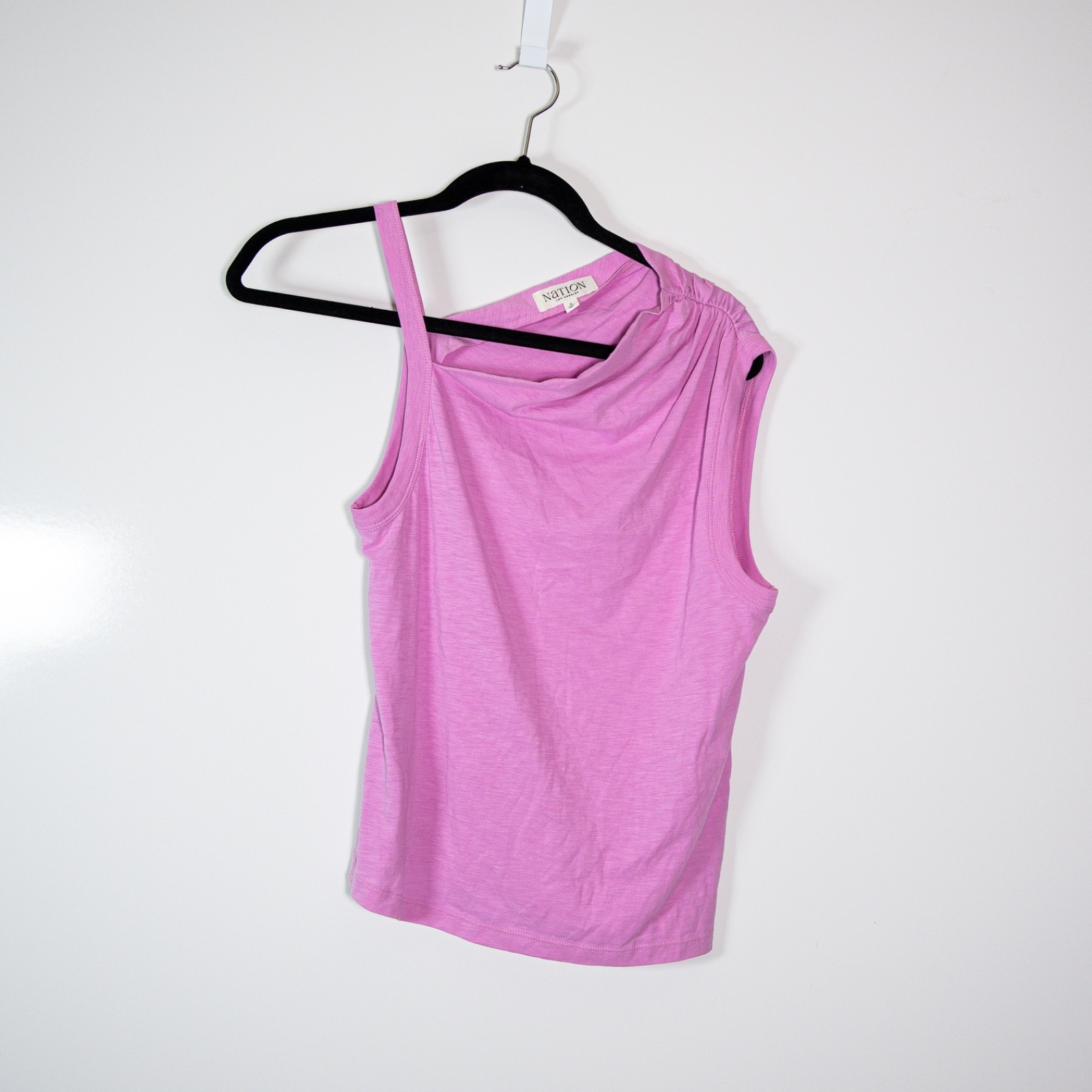 Nation Los Angeles Quin Asymmetrical Ruched Shoulder Cotton Tee Shirt Top Dahlia