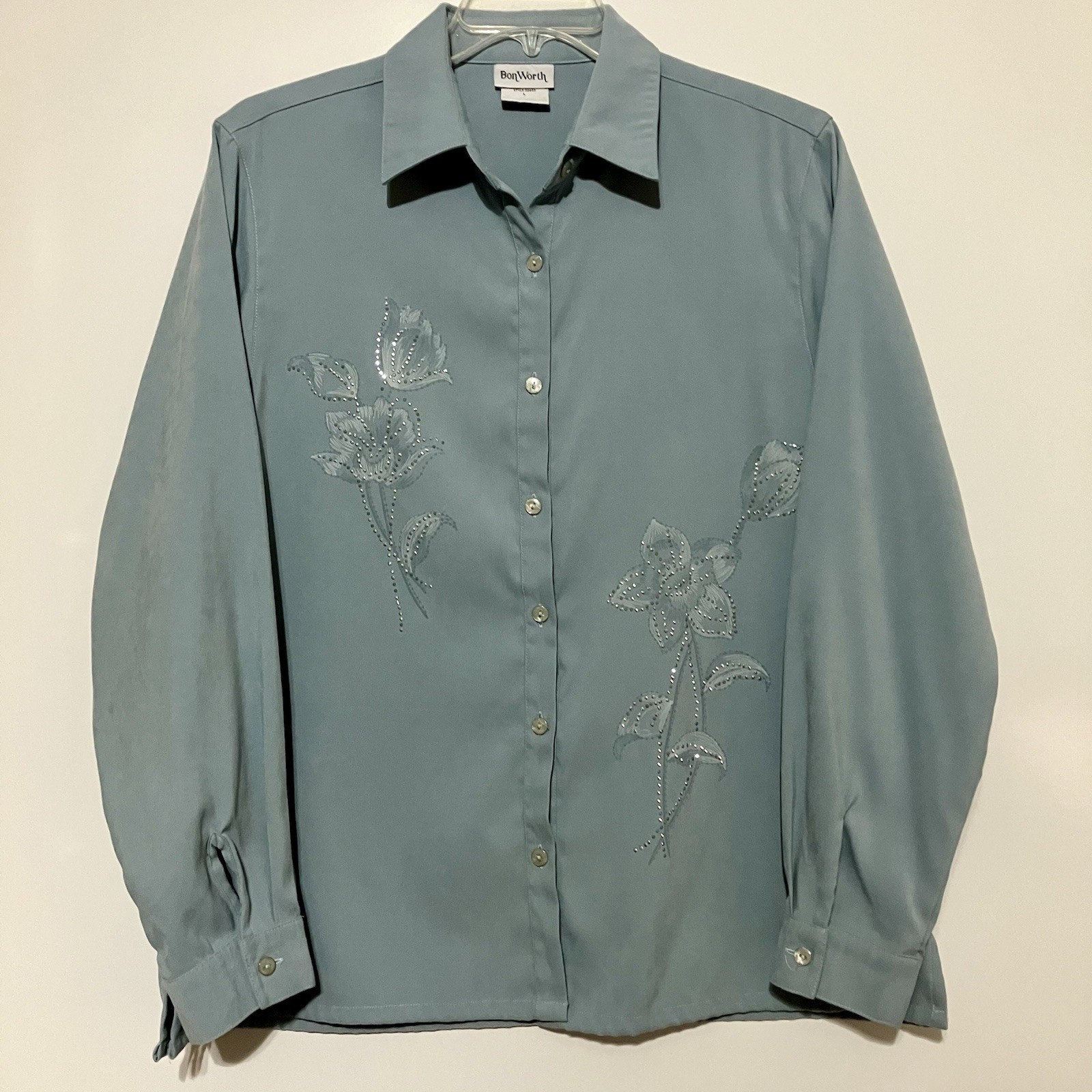 BonWorth Long Sleeve Button Front Shirt Women’s L Teal Embellished Floral Casual