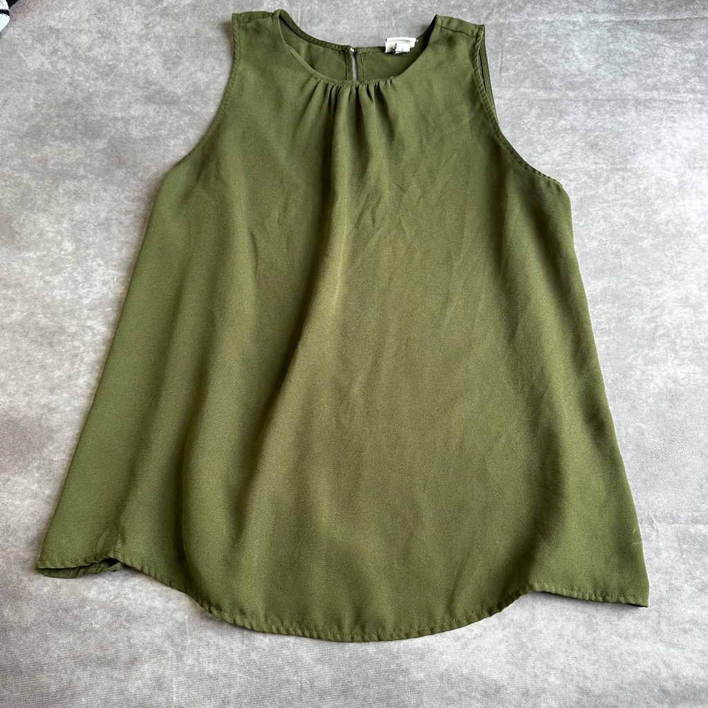 A New Day Blouse Womens Large Olive Green Sleeveless Pleated Neck Tank Top