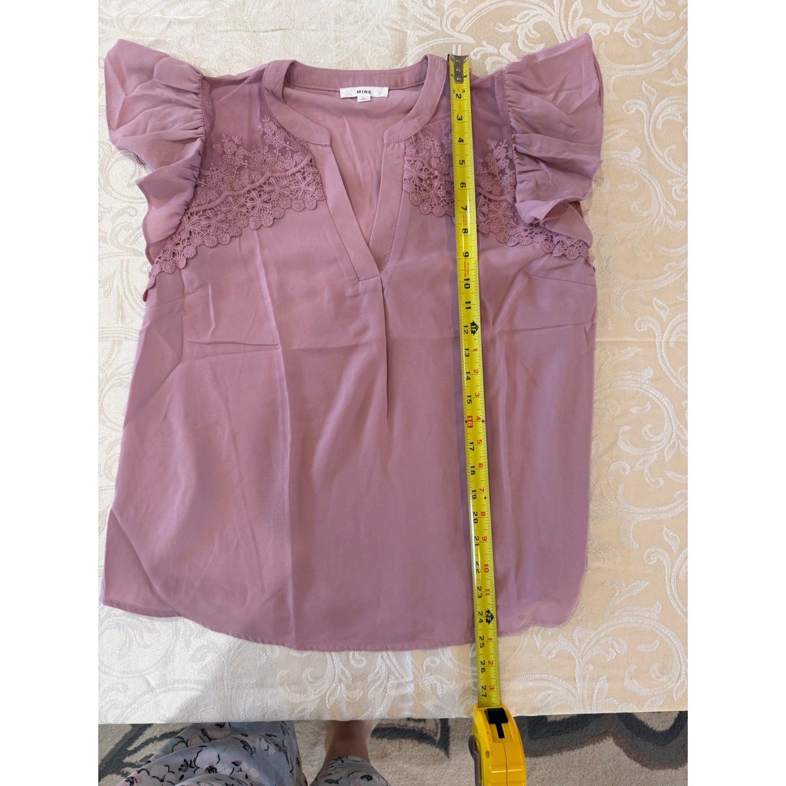 Mauve Flutter Sleeve Lace Crochet Split Neck Blouse Purple Large(seems smaller)