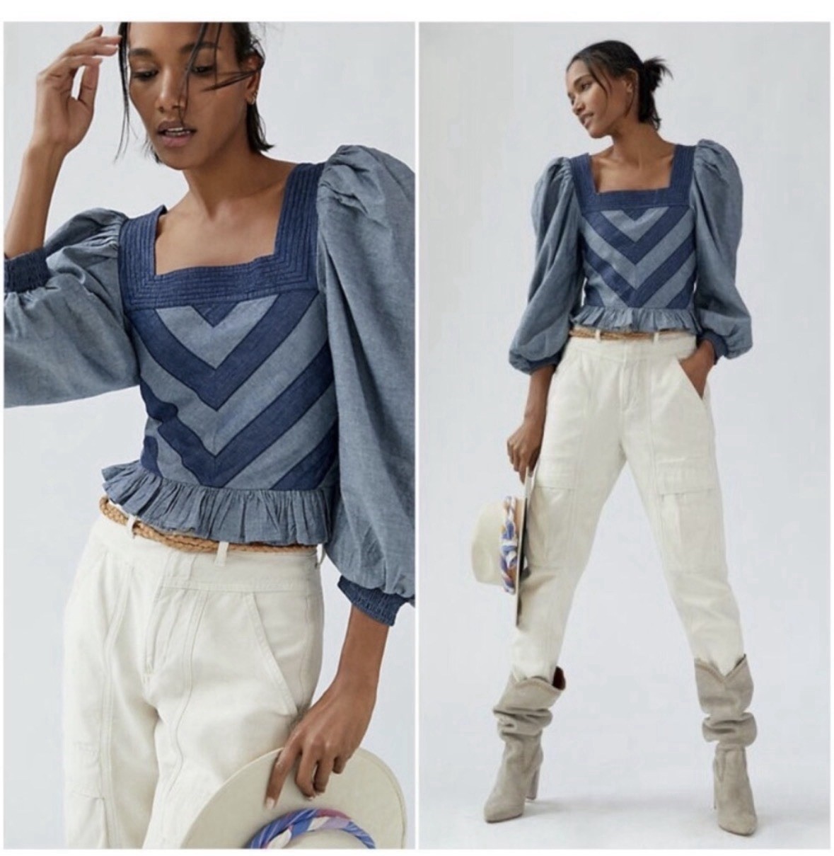 Anthropologie x Love the Label Smocked Puff-Sleeve Blouse Top S Denim Blue Boho