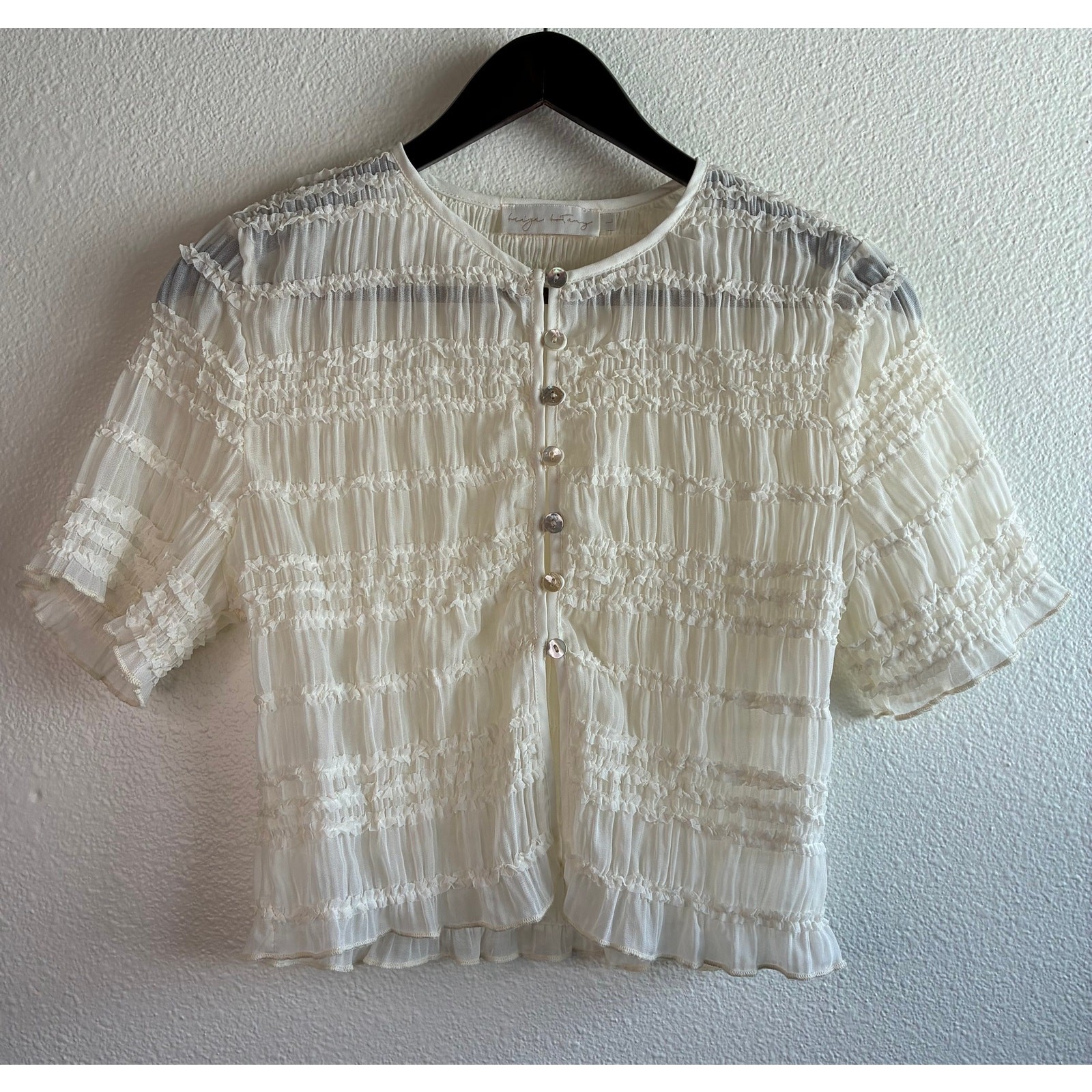 BEIGE BOTANY | Sheer Chiffon Cream Crop Top Button Short Sleeve Shirred | Large