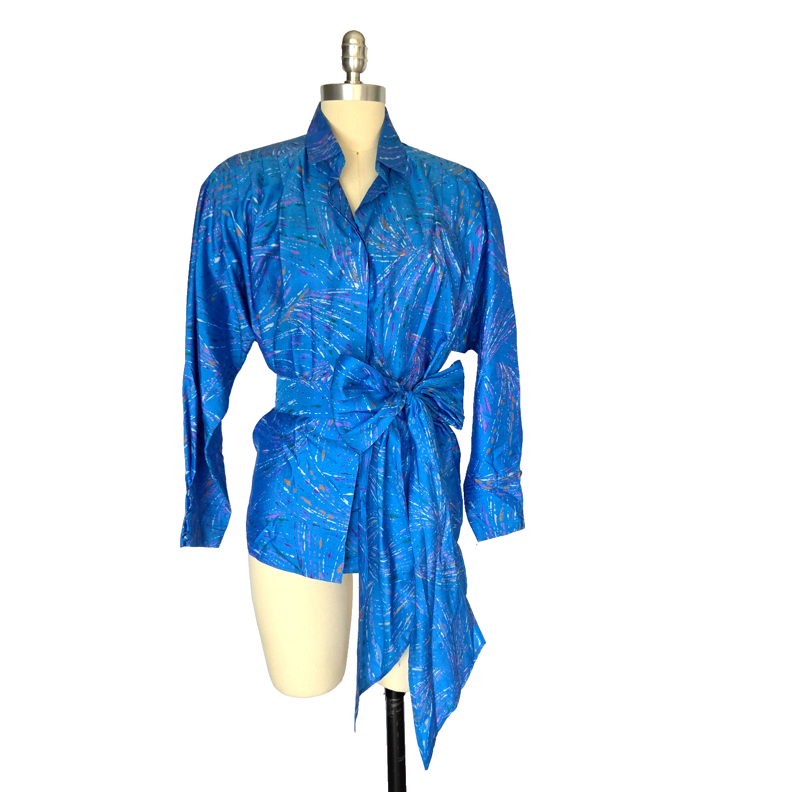 Vintage 80s Silk Top Size S M Blue Paint Splatter Thai Bow Belt Dolman Sleeve