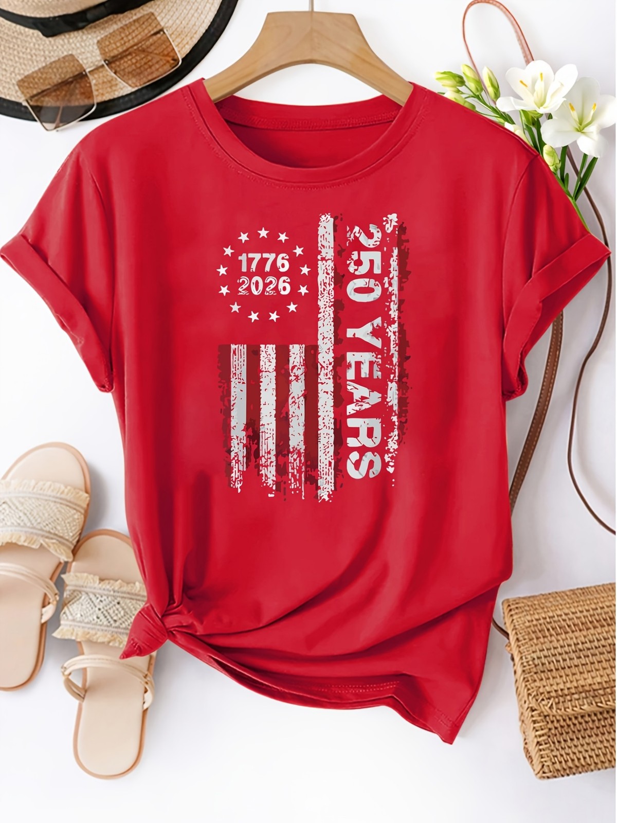 Women 1776 American Flag 250 Years Celebration Short Sleeve Round Neck T-shirt ❀