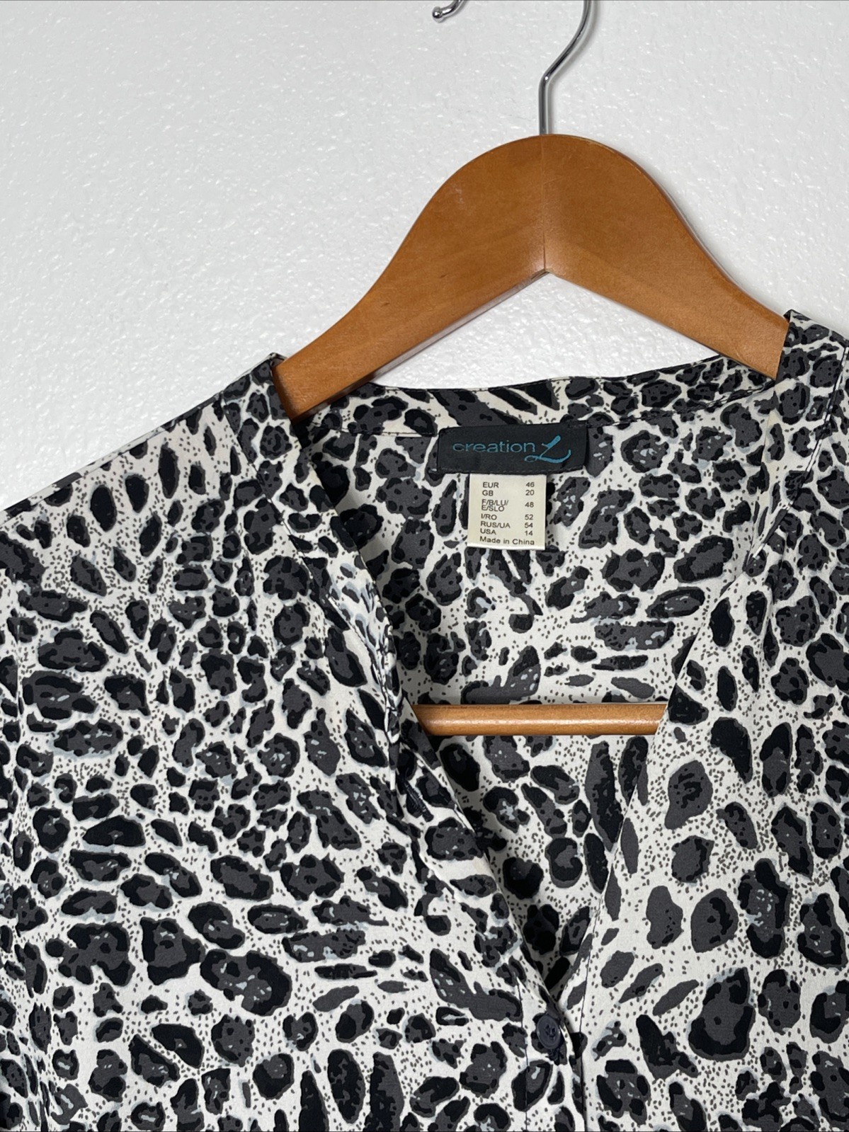 Creation L Black Grey Leopard Print Button Up Blouse 14 Mob Wife 3/4 Sleeve