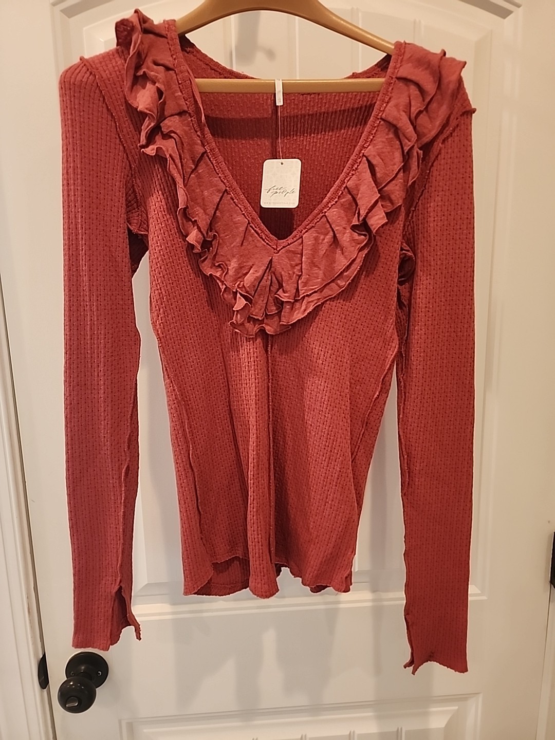 Free People Bennet Ruffled Long Sleeve Terracotta Henley Top Baby Doll Nwt Sz L