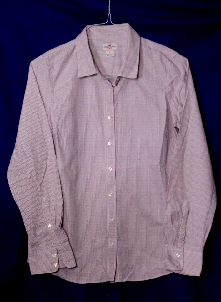 J CREW BLOUSE ladies size M pink blue white tiny plaid long sleeve 100% cotton