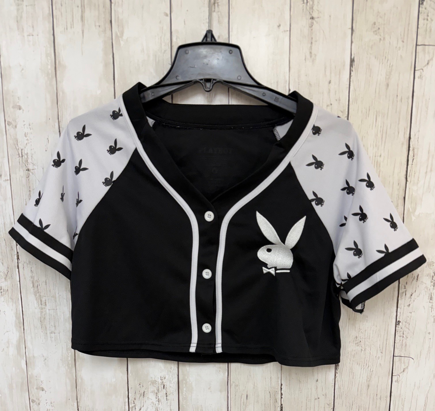 Playboy Womens Baseball Jersey Crop Top L Black White Bunny Logo 53 Button Up