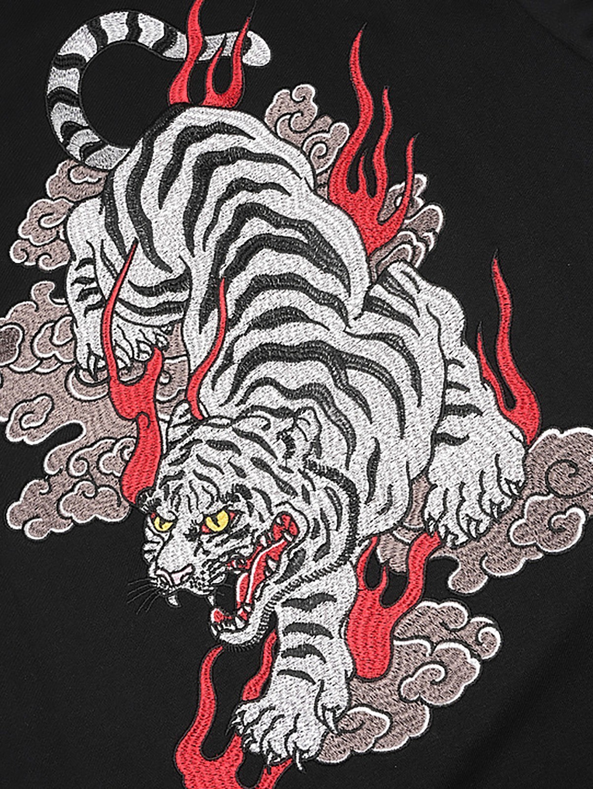 Niepce Men’s Vibrant Red Flame White Tiger Embroidery Japanese Streetwear Tee
