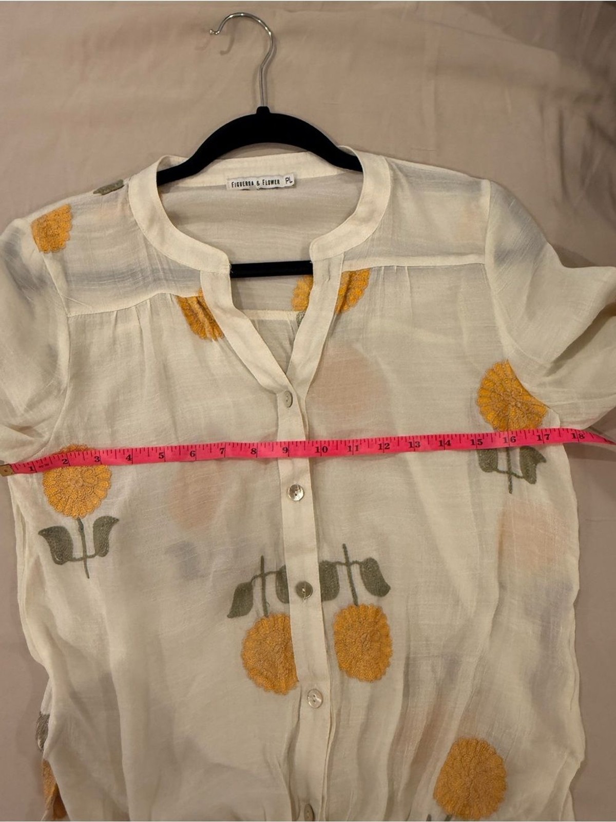 Figueroa & Flower Embroidered Floral Tie Front Blouse White Yellow Size PL