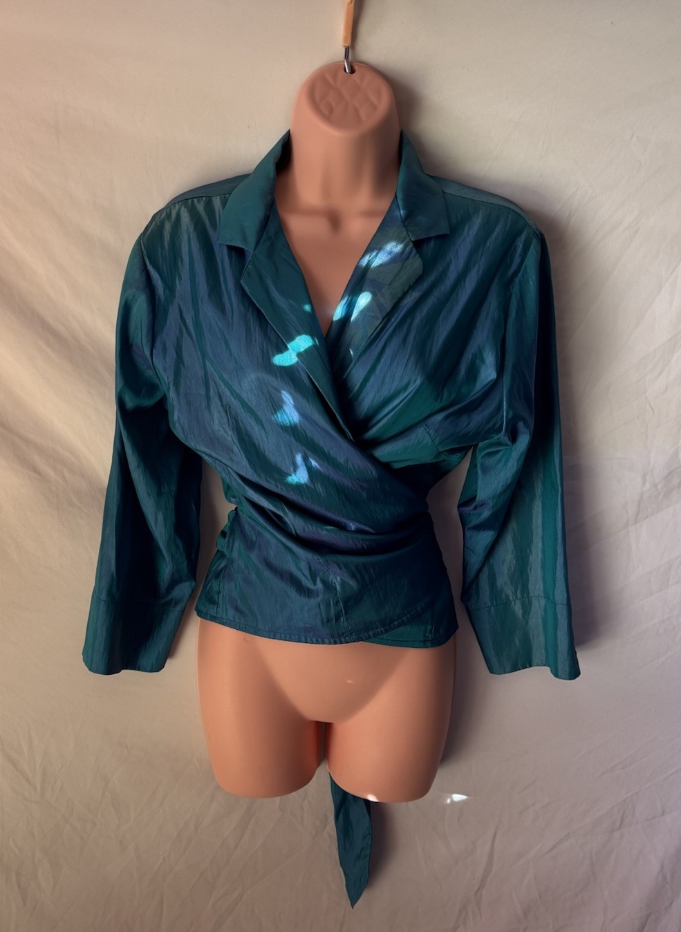 Ellen Tracy Blouse Size 16 Long Sleeve Teal Top Wrap Around
