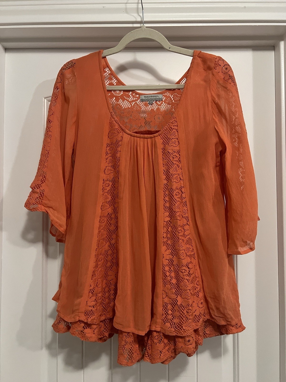 Cost Plus World Market Orange Lace Boho Tunic Top S/M Crochet Sheer Festival