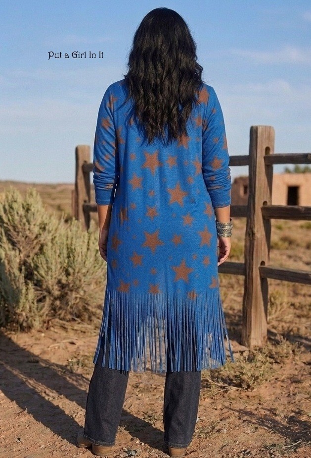 New Boho Plus Size Women’s Blue Stars Fringe Kimono Cardigan Duster XL 1X 2X 3X