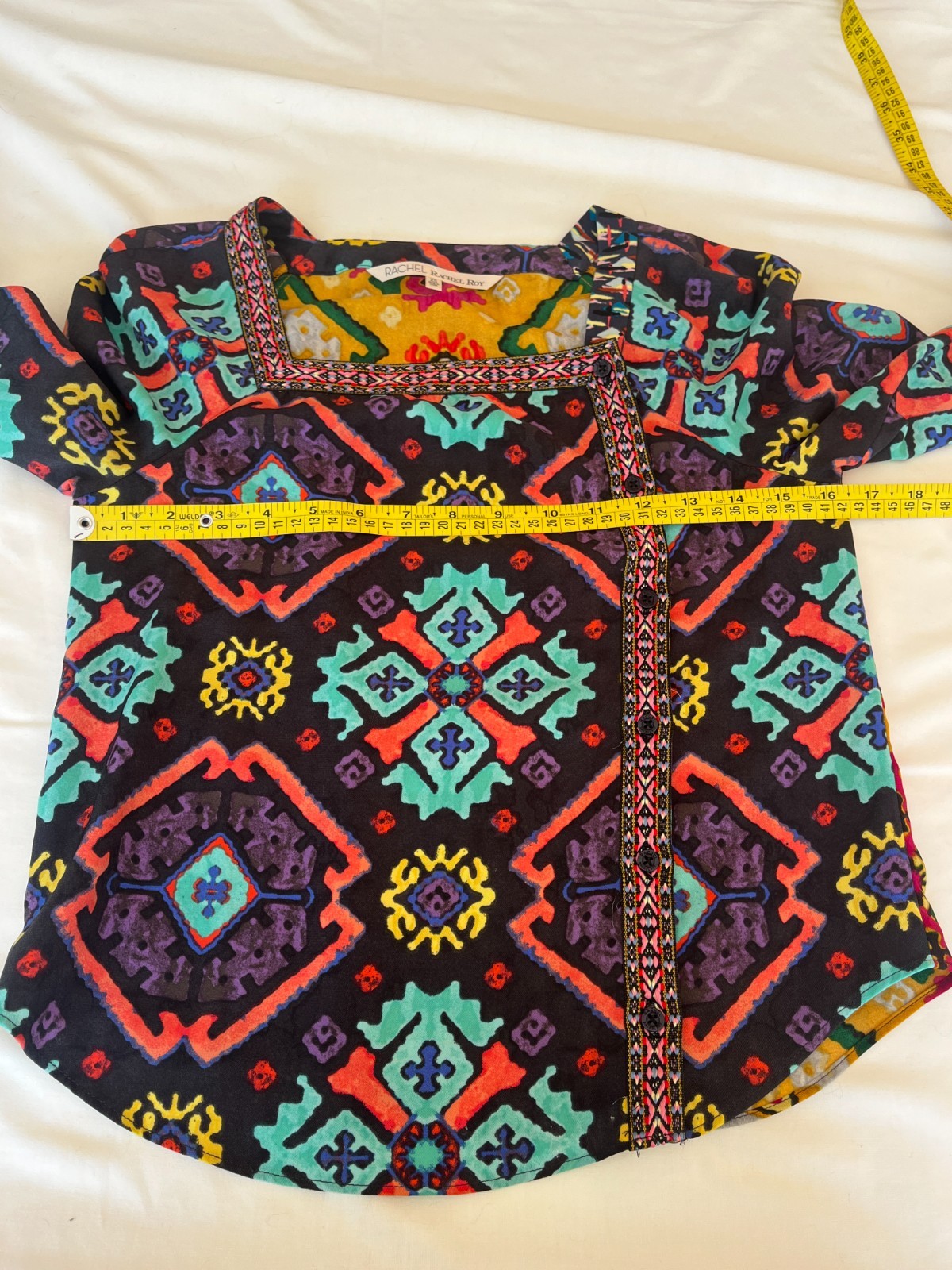 Rachel Roy Boho Ethnic Print Multicolored Blouse Shirt 90s Deadstock XS