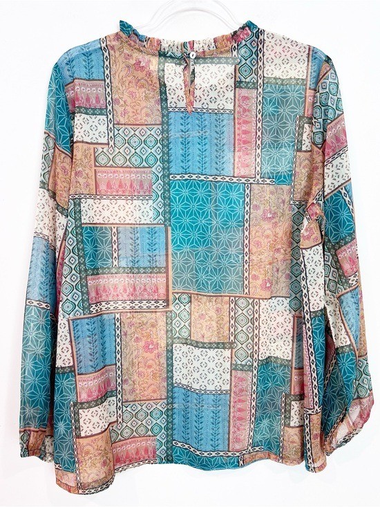 WORLD MARKET TAN RED TEAL BLUE SEMI SHEER BOHO PLEATED NECKLINE BLOUSE SZ L/XL
