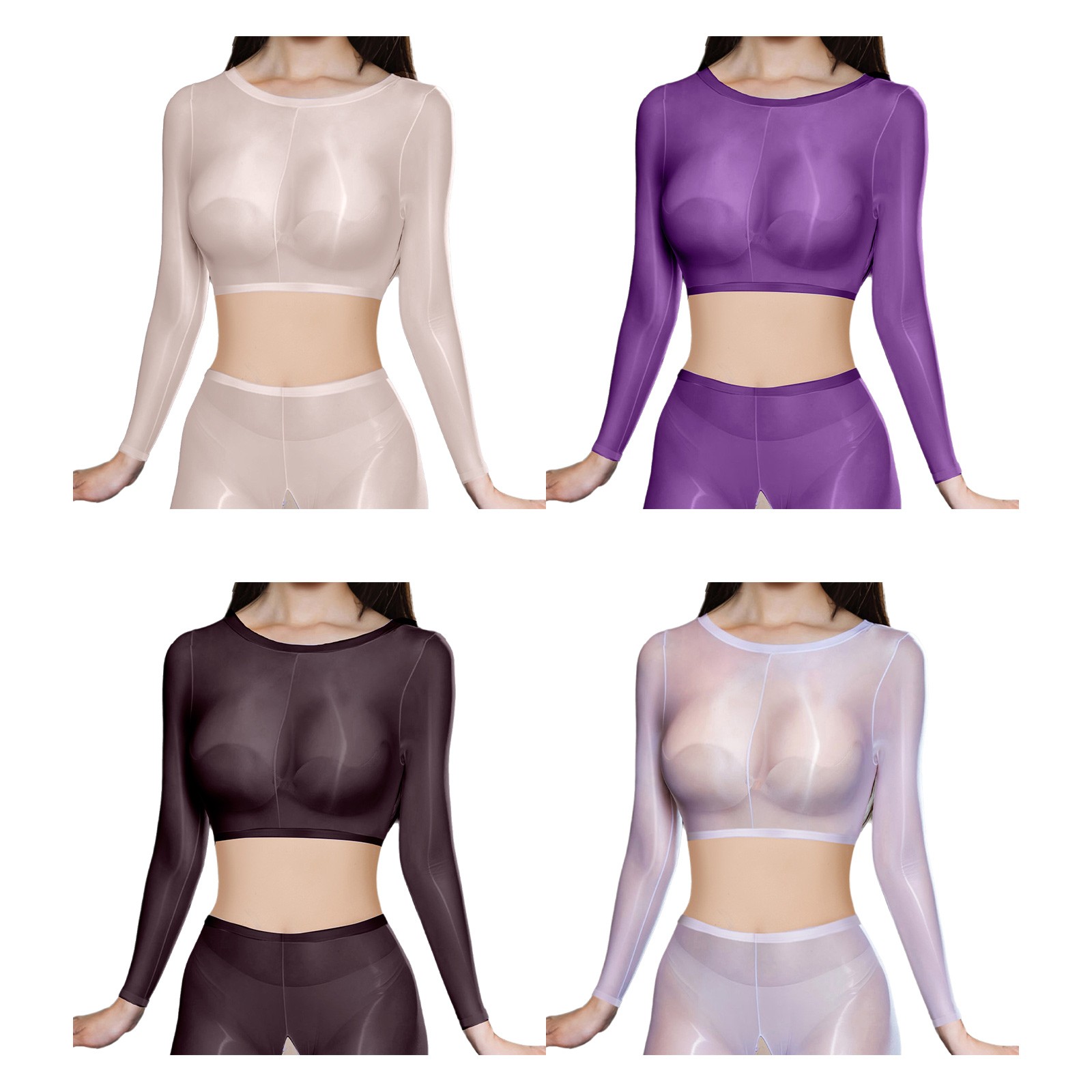 Adult Women Cropped Mesh Tops Opaque Tight Sheer Tights Oil Shiny Neck Blouse
