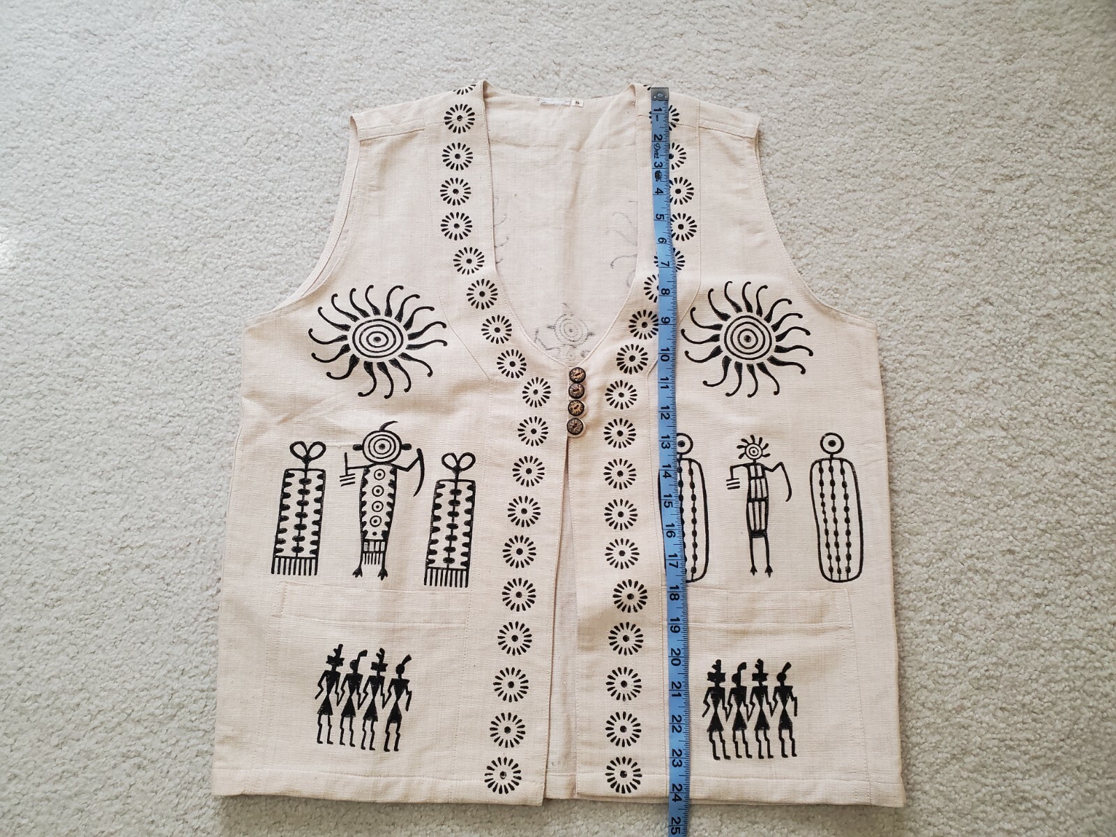 VTG Venus Imports Ivory Raw Cotton Black Primitive Print, Nepal Vest Sz.S