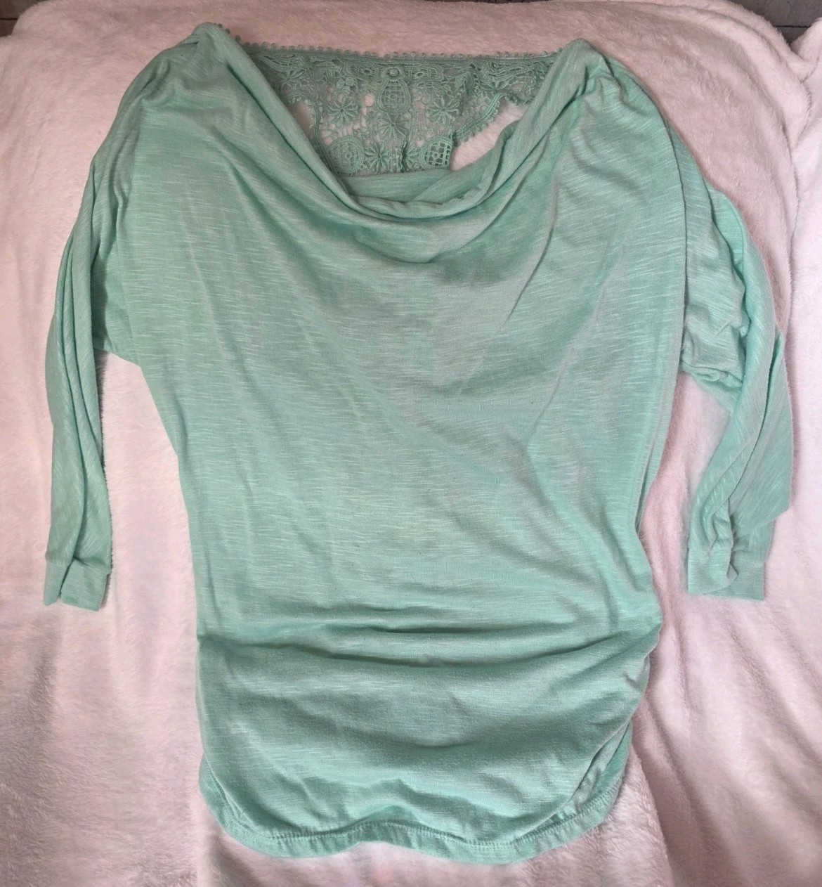 Mint Green Crochet Lace Back 3/4 Sleeve Top Boho Drape Neck Shirt Size L 11-13
