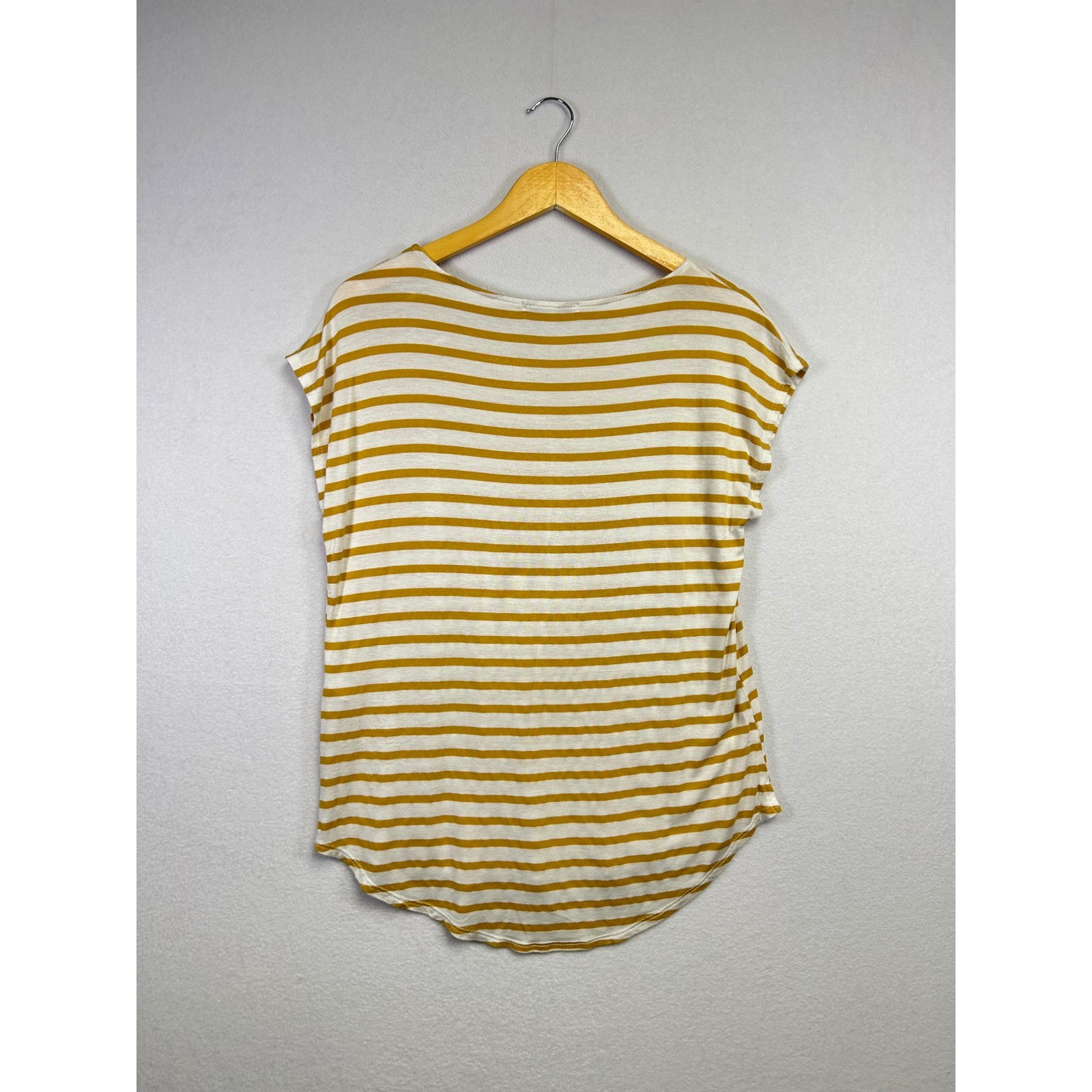 Green Envelope Womens Striped Short Sleeve T Shirt Top Mustard Yellow White M