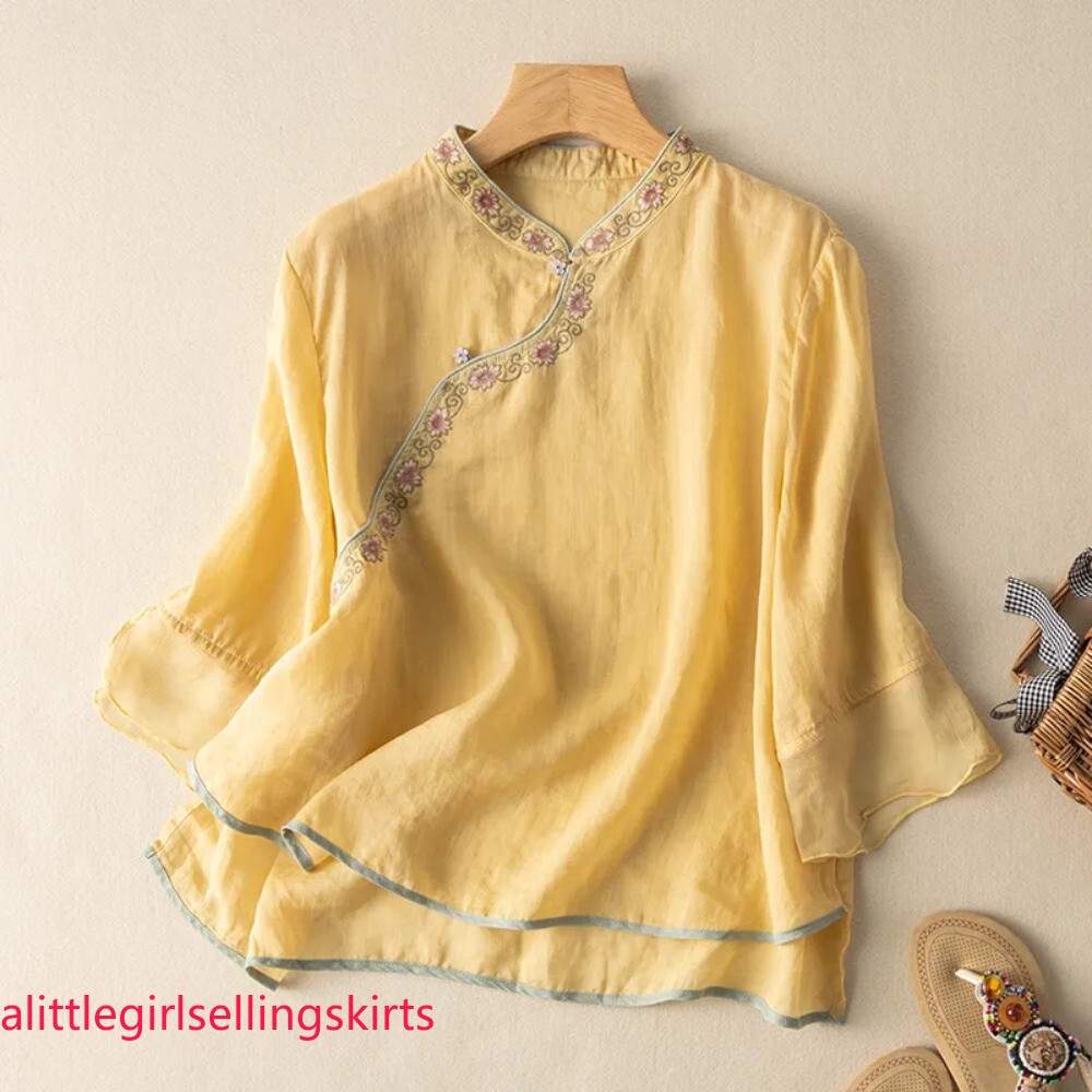 Women Embroidered Floral Top Chinese Ethnic Shirt Blouse Casual Loose Thin Chic