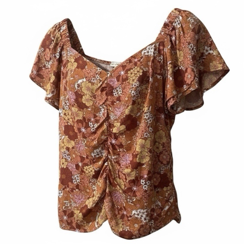 The General Good Blouse Size XL Orange Floral Smocked Ruched Top Peasant