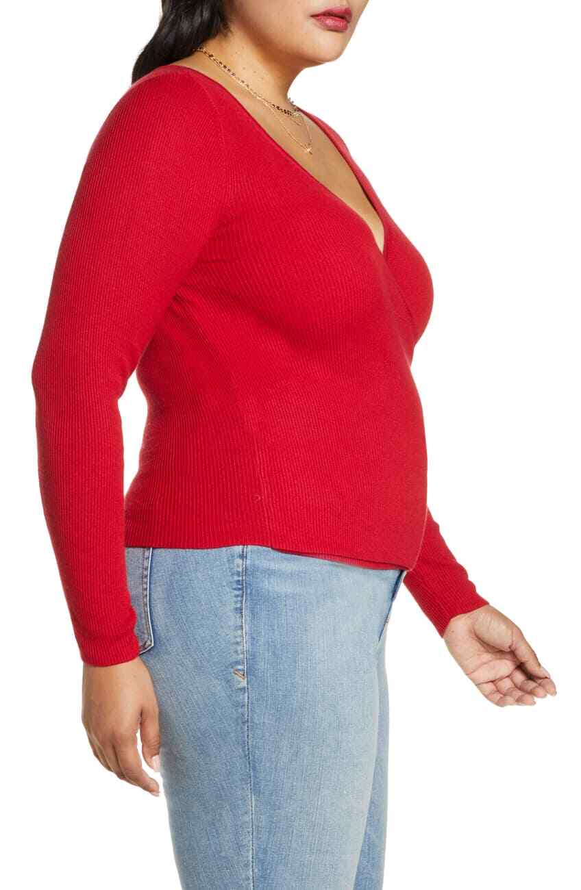 Leith Size: 4X Ribbed Wrap Front Sweater Color: Red Chili