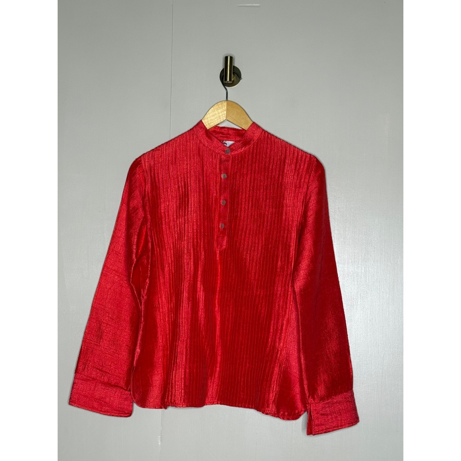 Indo-Chic Red 100% Raw Silk Pleated Mandarin Collar Blouse Top Small