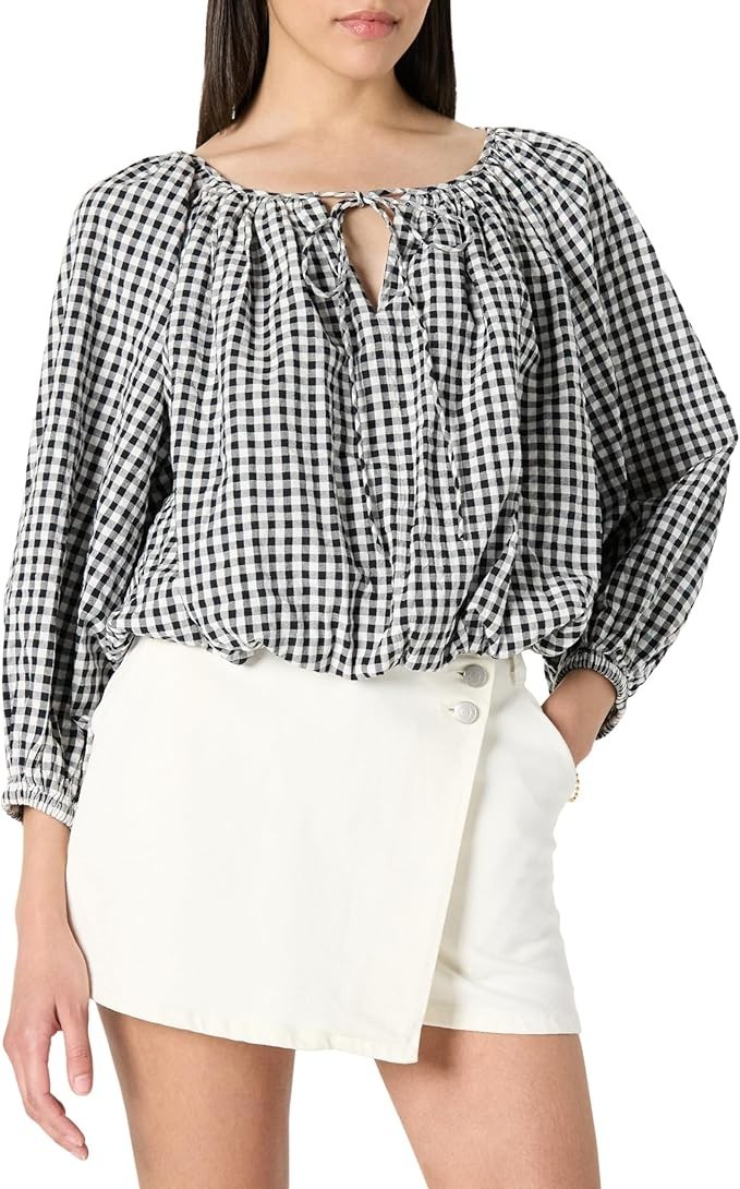 The Drop Womens Shirred Neck Cotton Bubble Hem Top Black/White Gingham XXL