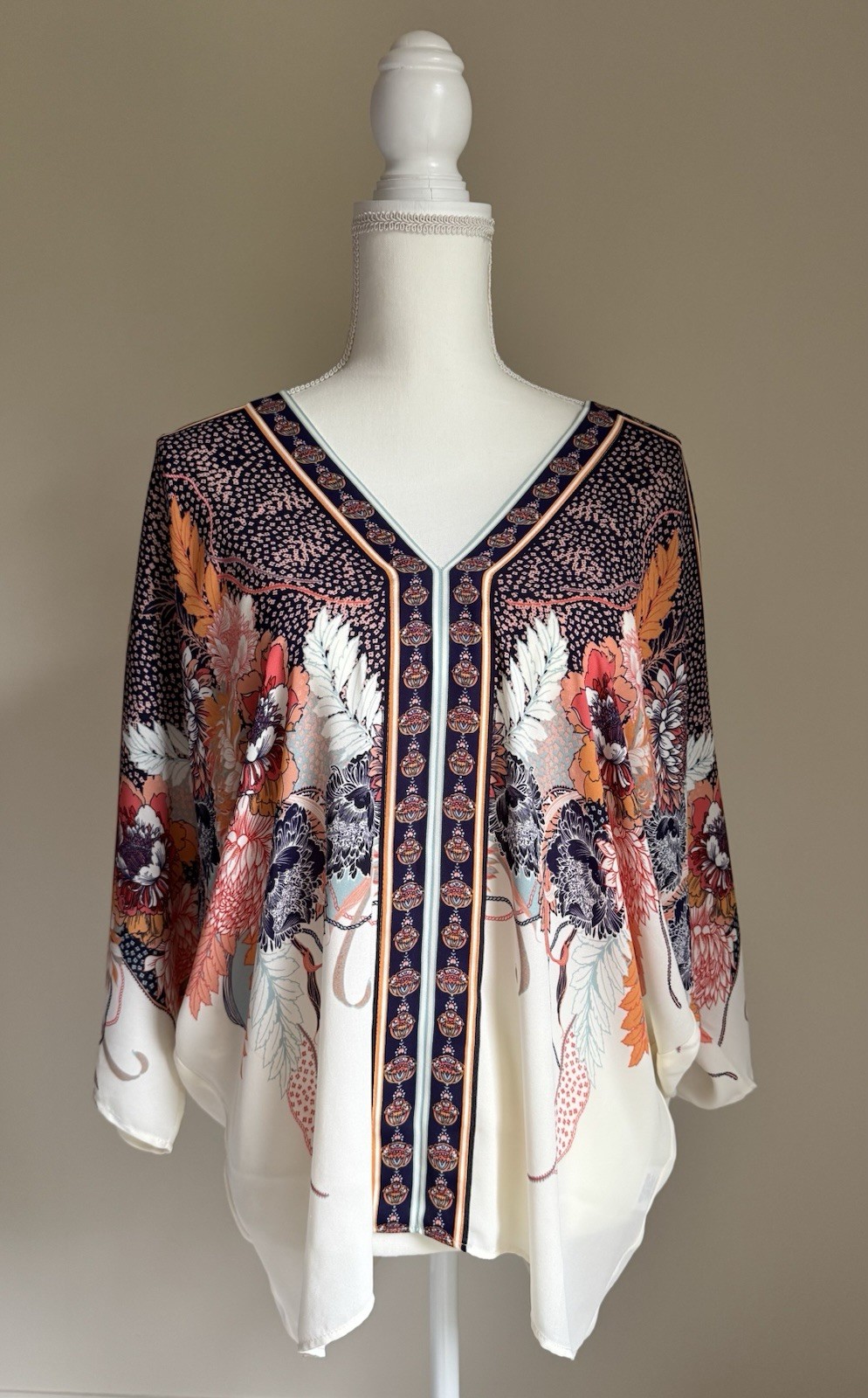 ROSE+OLIVE Blue & Orange Dolman Sleeve Kimono Boho Blouse or Top Sz S