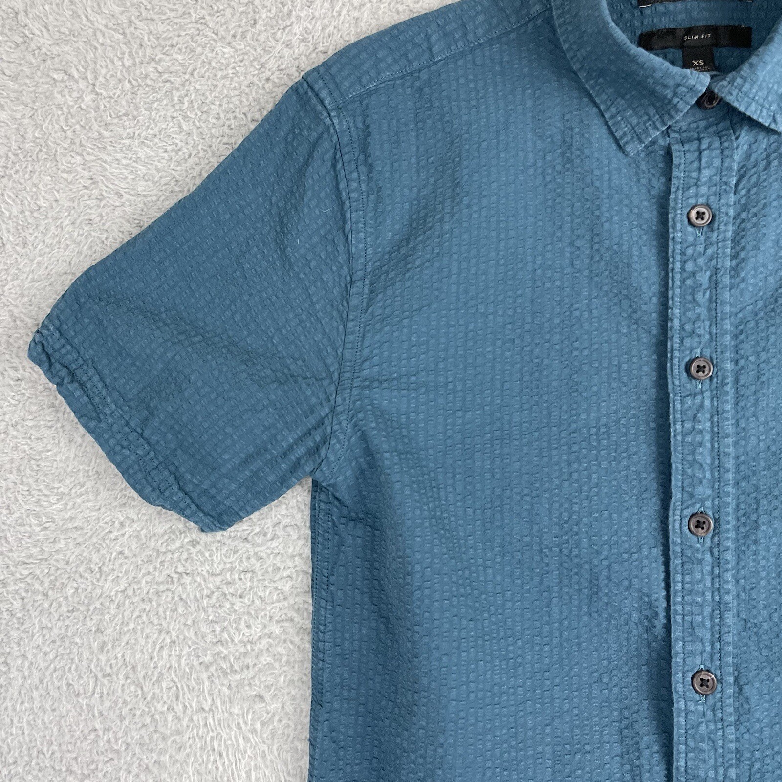 Banana Republic Searsucker Shirt Women Extra Small XS Teal Slim Fit Button Up