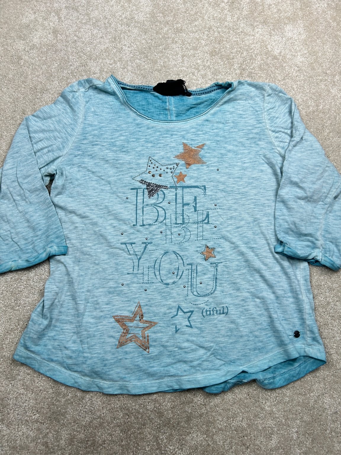 CECIL Top Women’s L Blue Be You Stars Sequins 3/4 Sleeve Cotton Blend