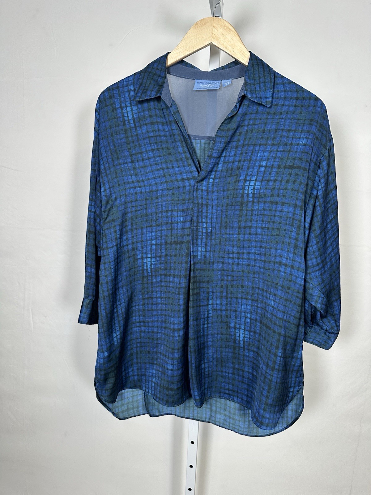 Simply Vera Vera Wang Blue/Black Sheer Chiffon Geometric Collared Blouse L