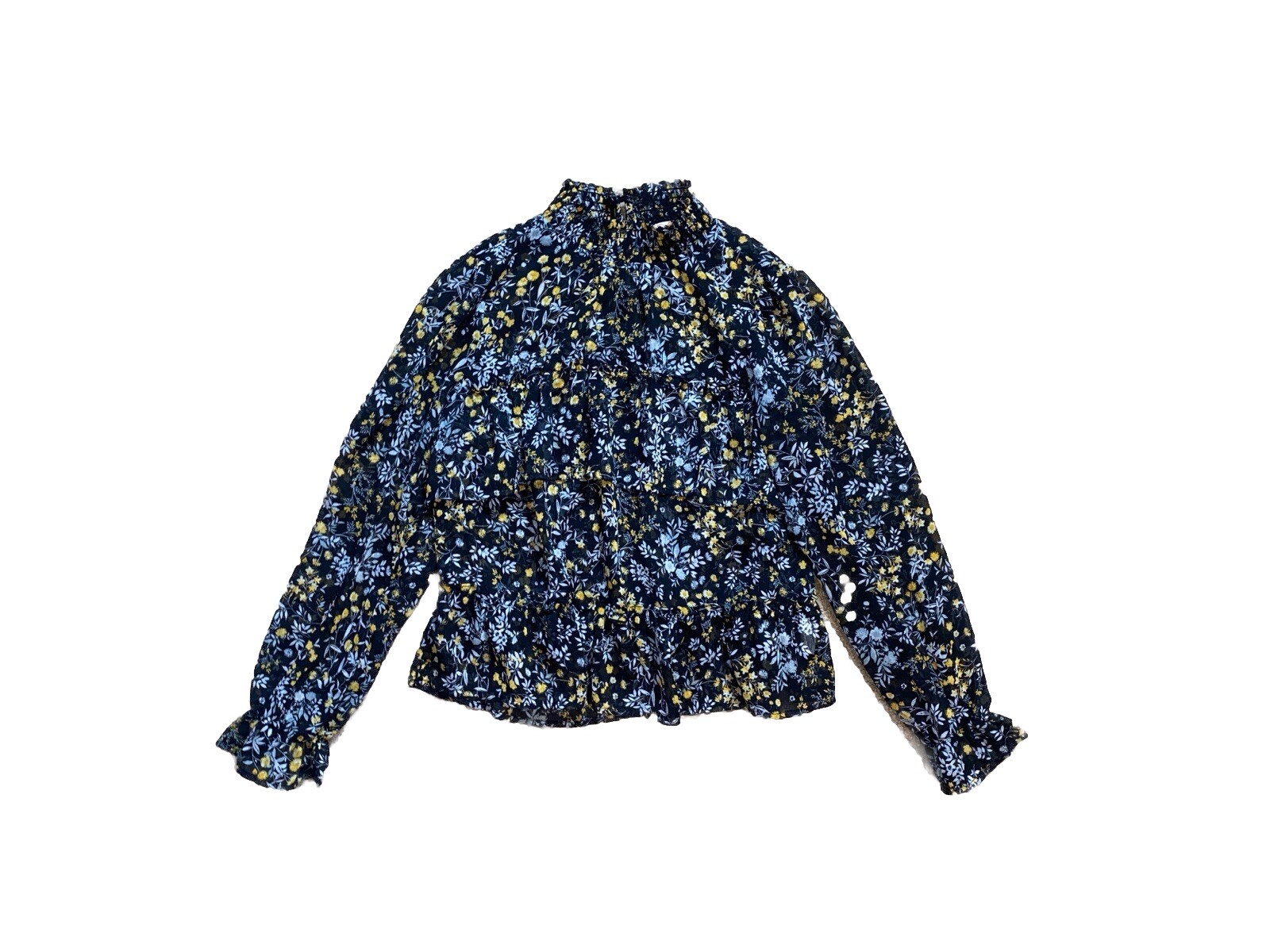 Rabbit Rose Black Floral Blouse Size Medium Mock Neck Sheer Ruffled Top Dressy